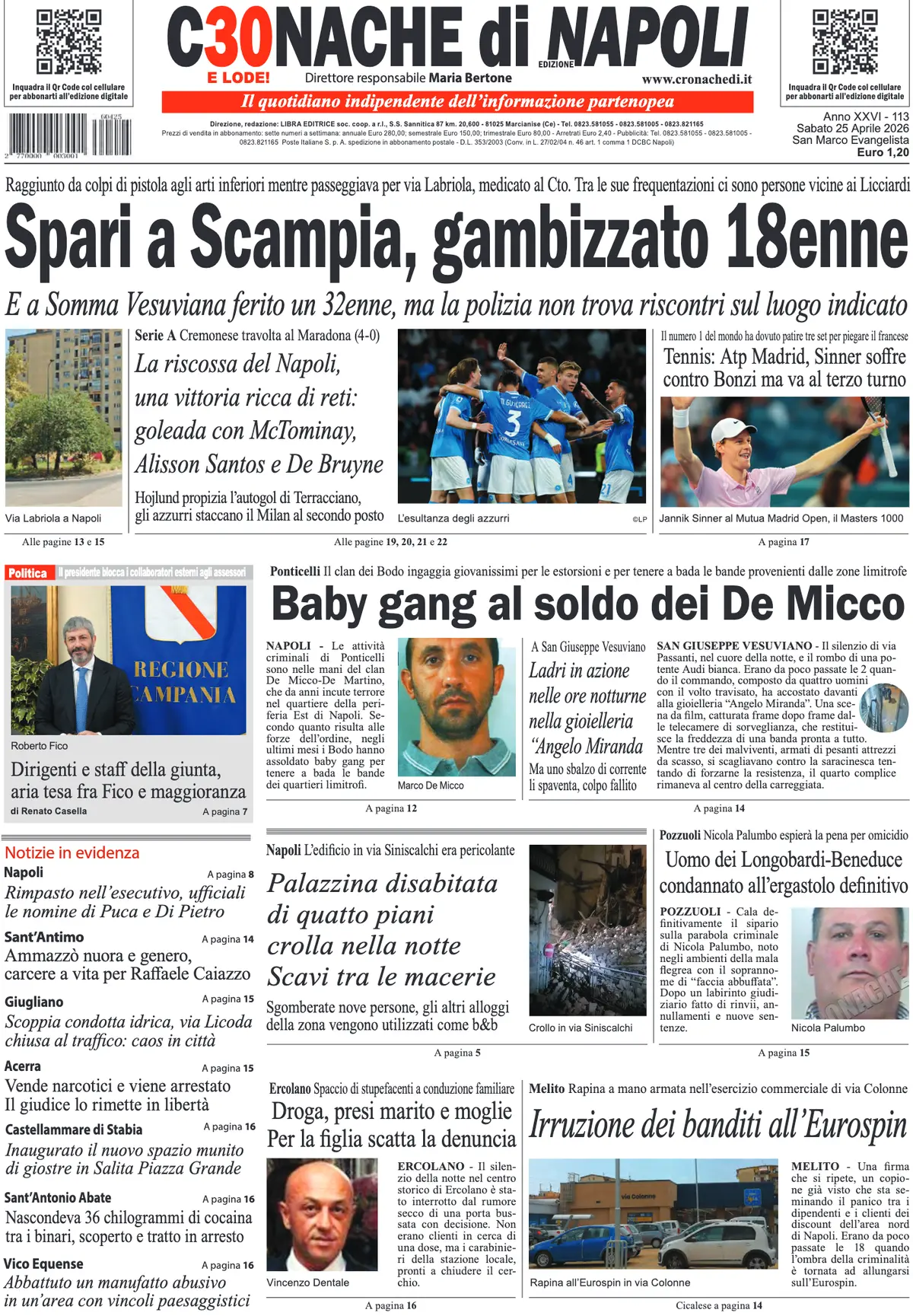 Prima Pagina Cronache di Napoli 25/04/2026