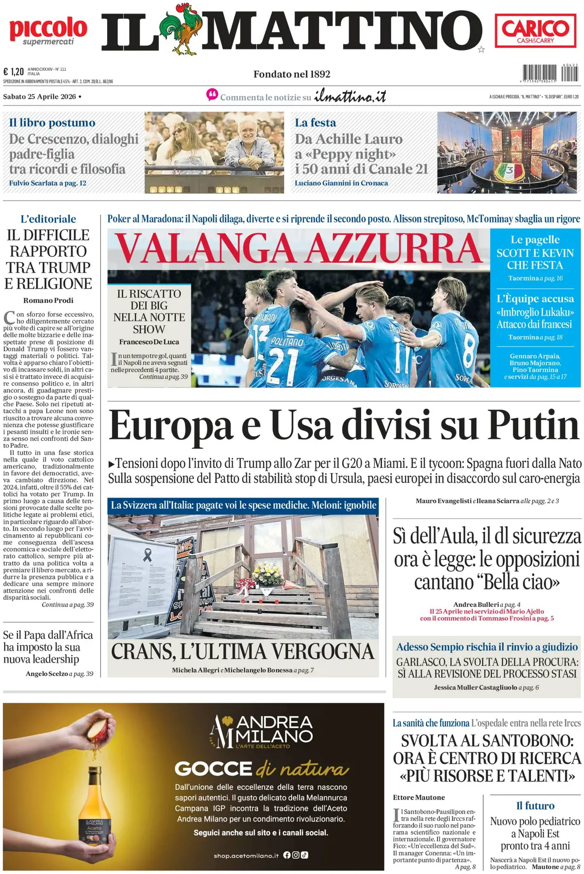 Prima Pagina Il Mattino 25/04/2026