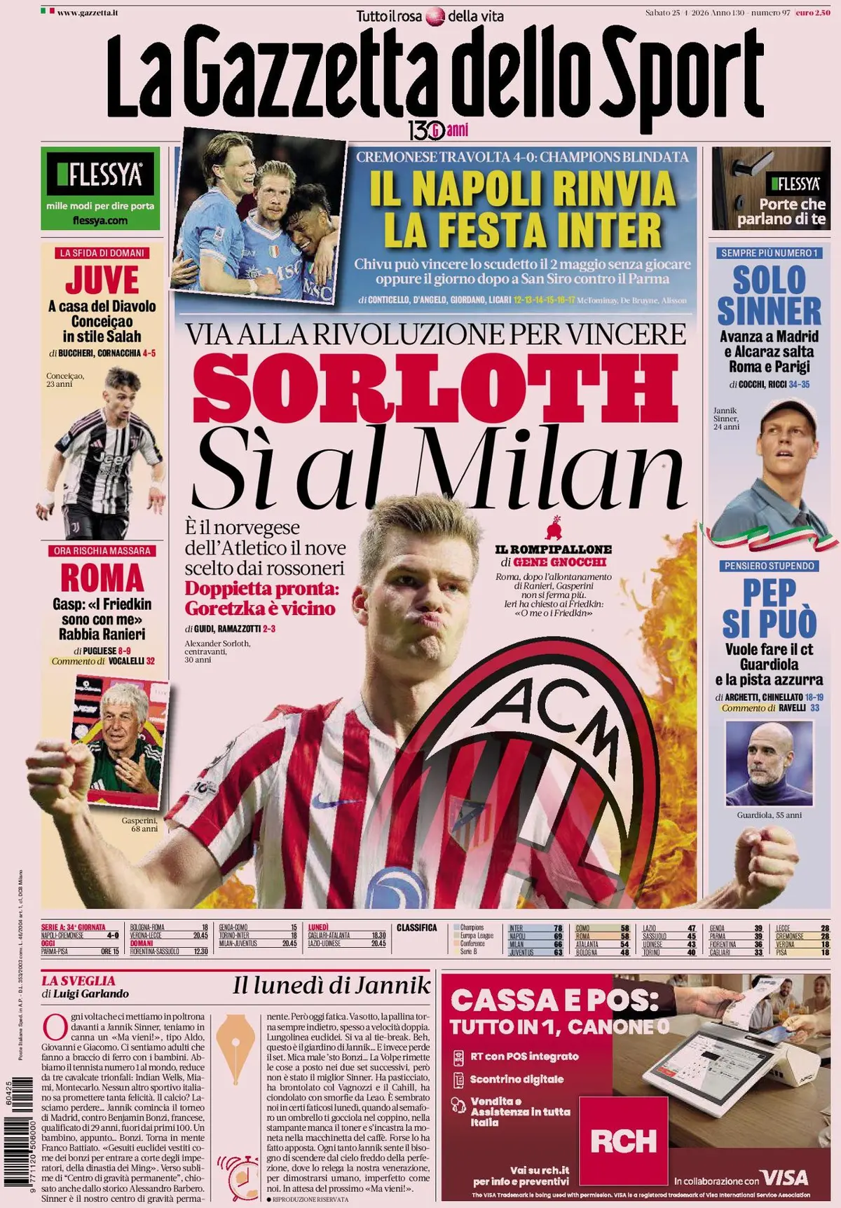 Prima Pagina La Gazzetta dello Sport 25/04/2026