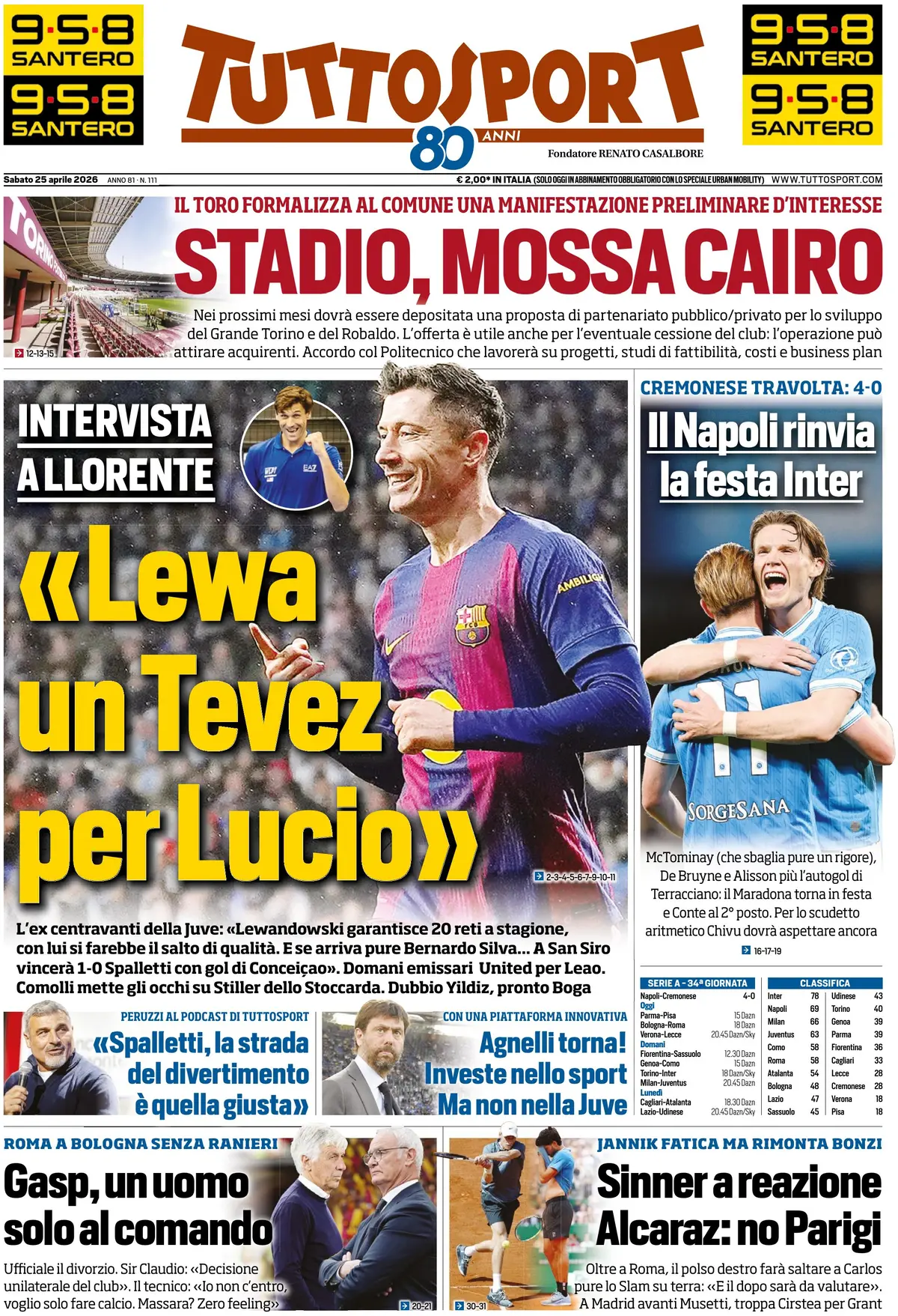 Prima Pagina Tuttosport 25/04/2026