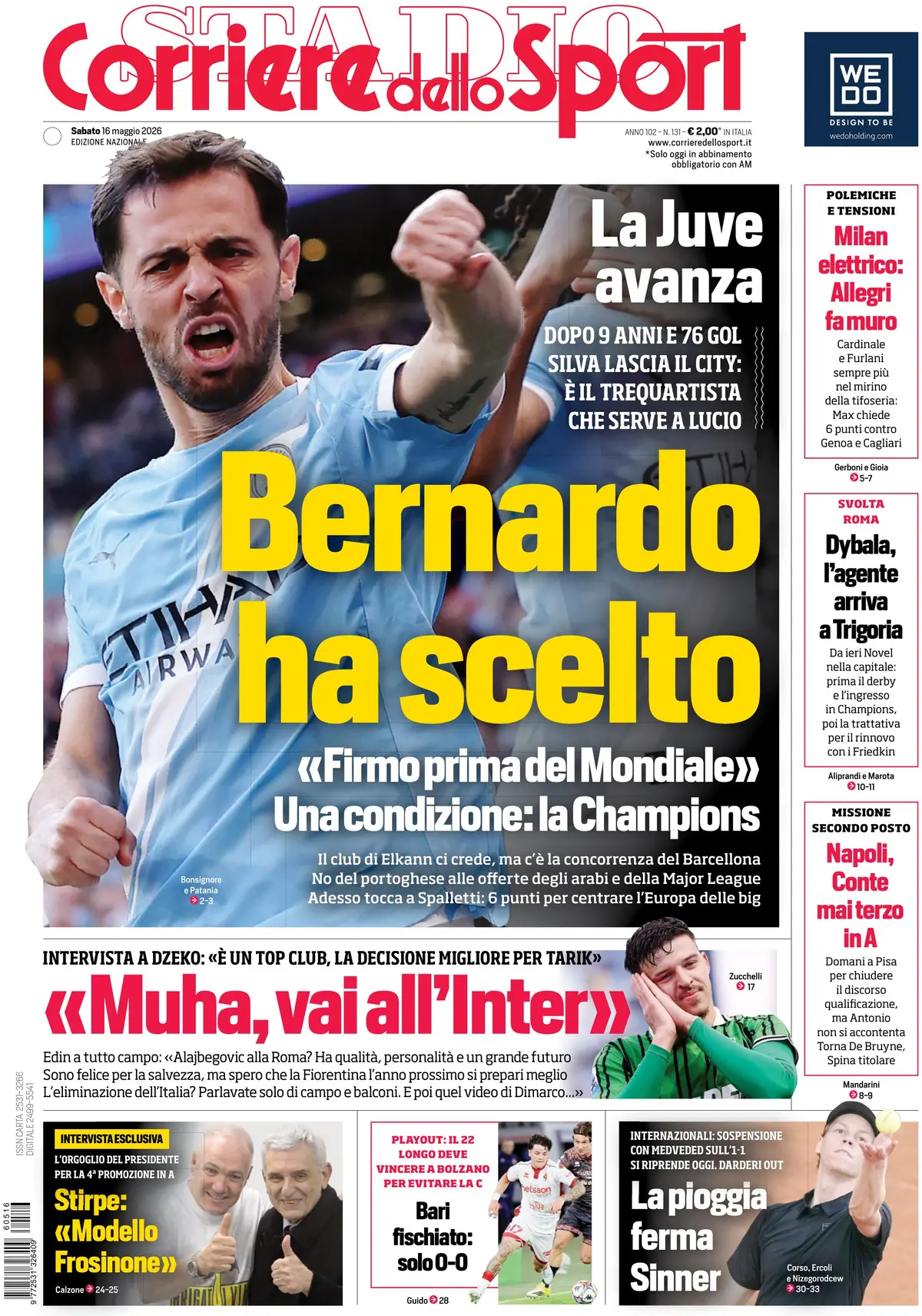 Prima Pagina Corriere dello Sport 16/05/2026