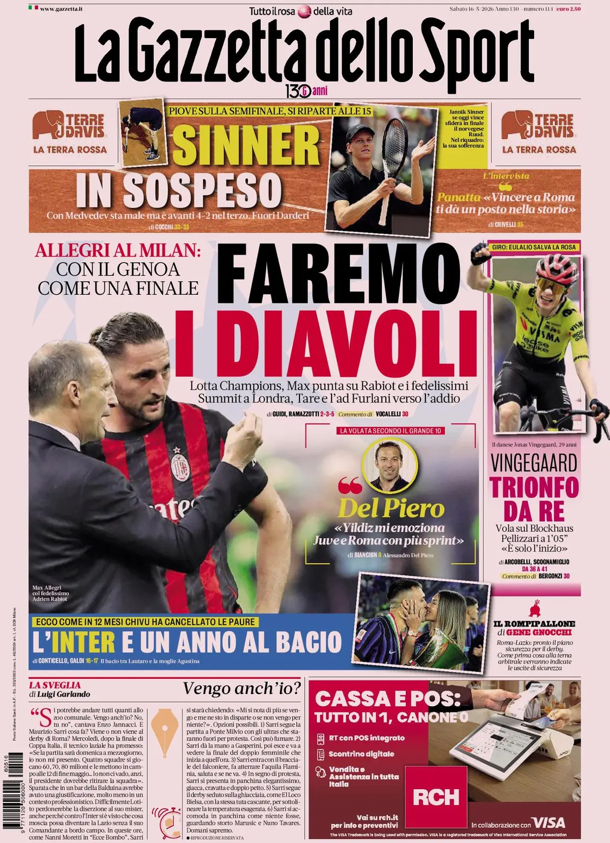 Prima Pagina La Gazzetta dello Sport 16/05/2026