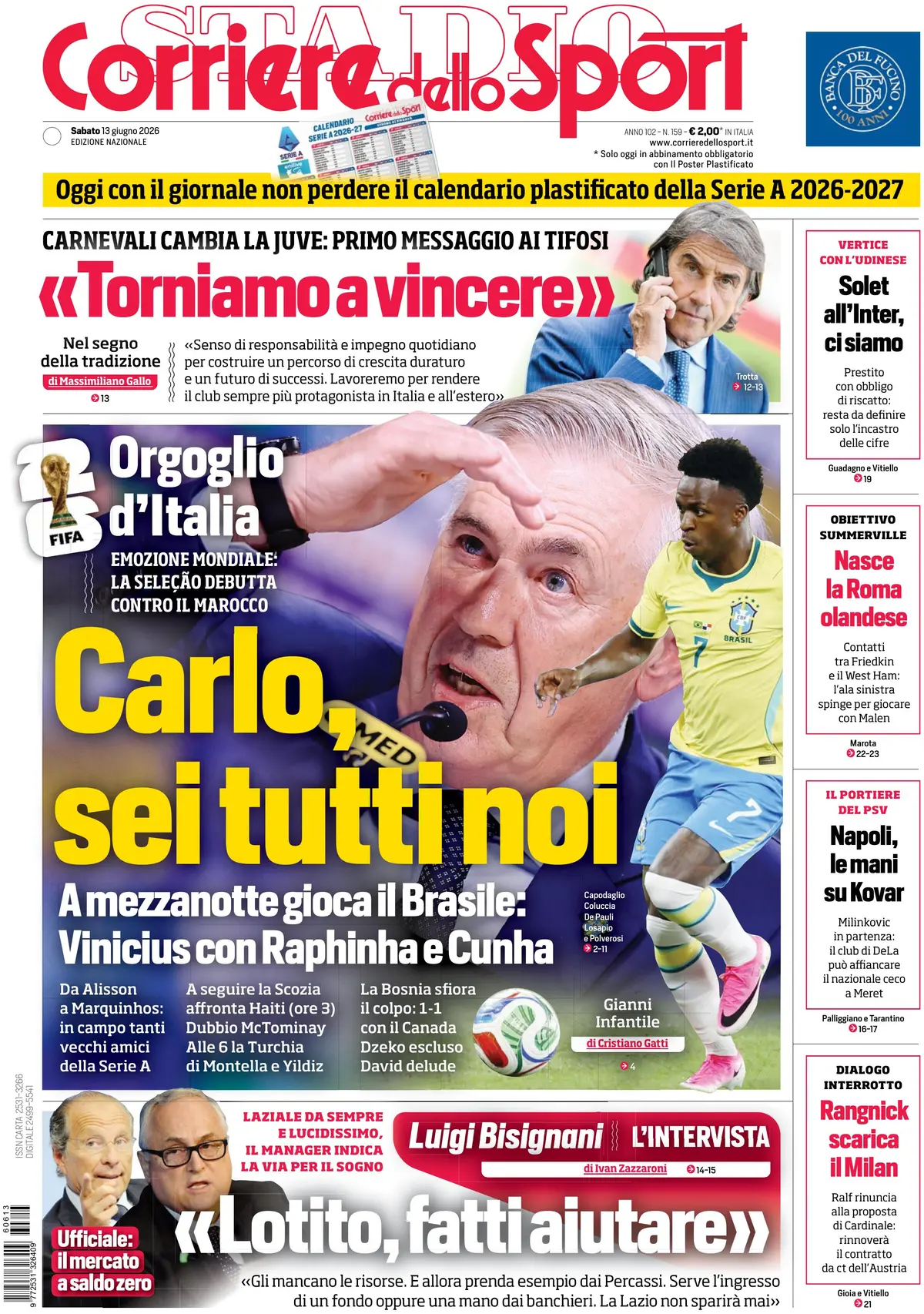 Prima Pagina Corriere dello Sport 13/06/2026