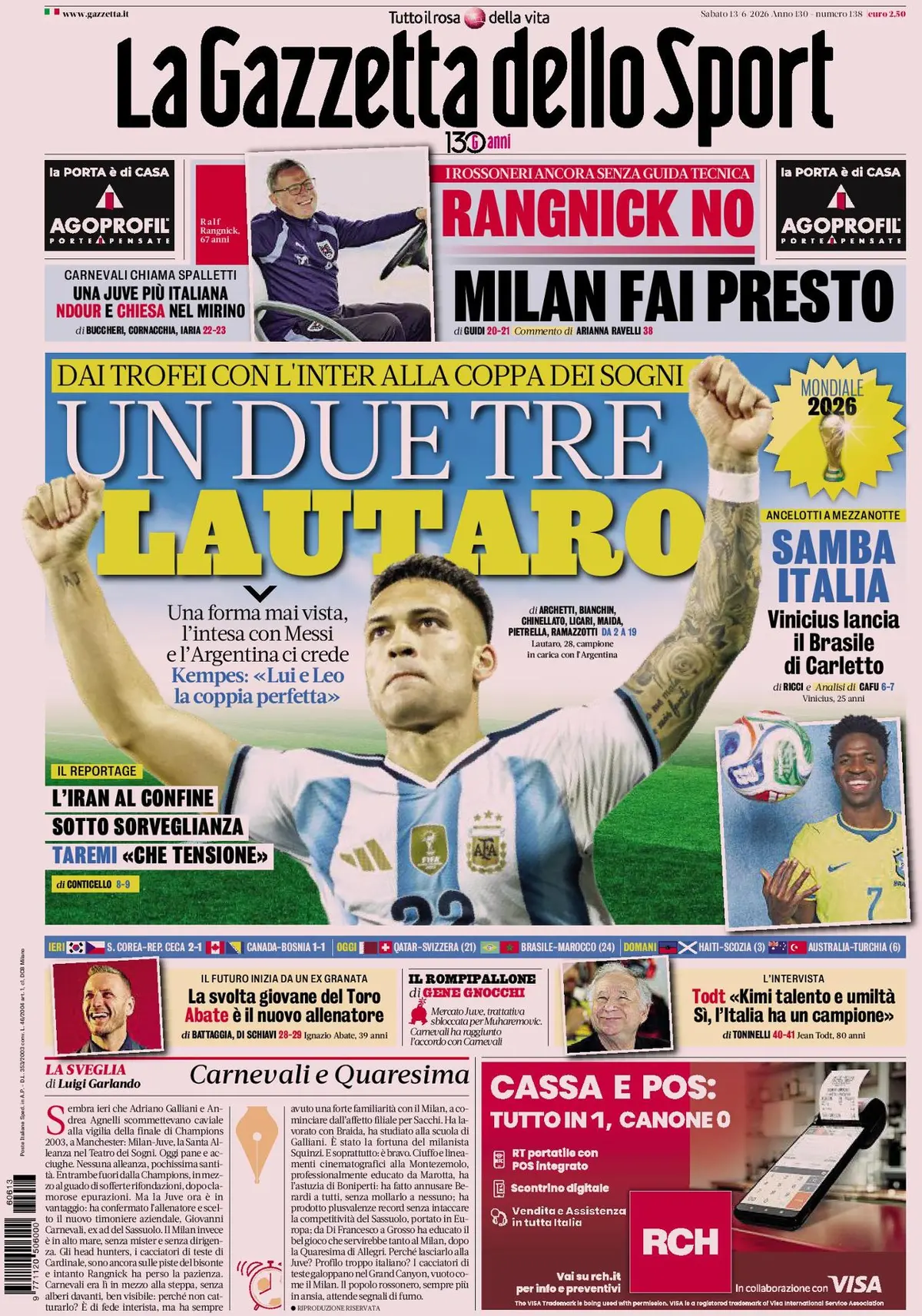 Prima Pagina La Gazzetta dello Sport 13/06/2026