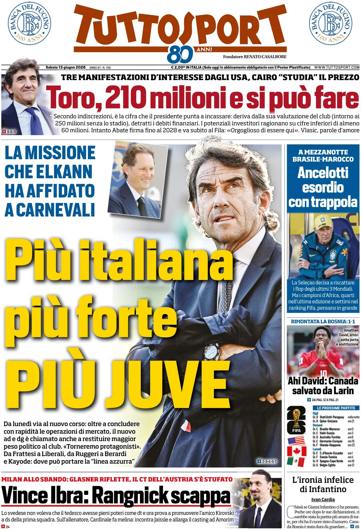Prima Pagina Tuttosport 13/06/2026
