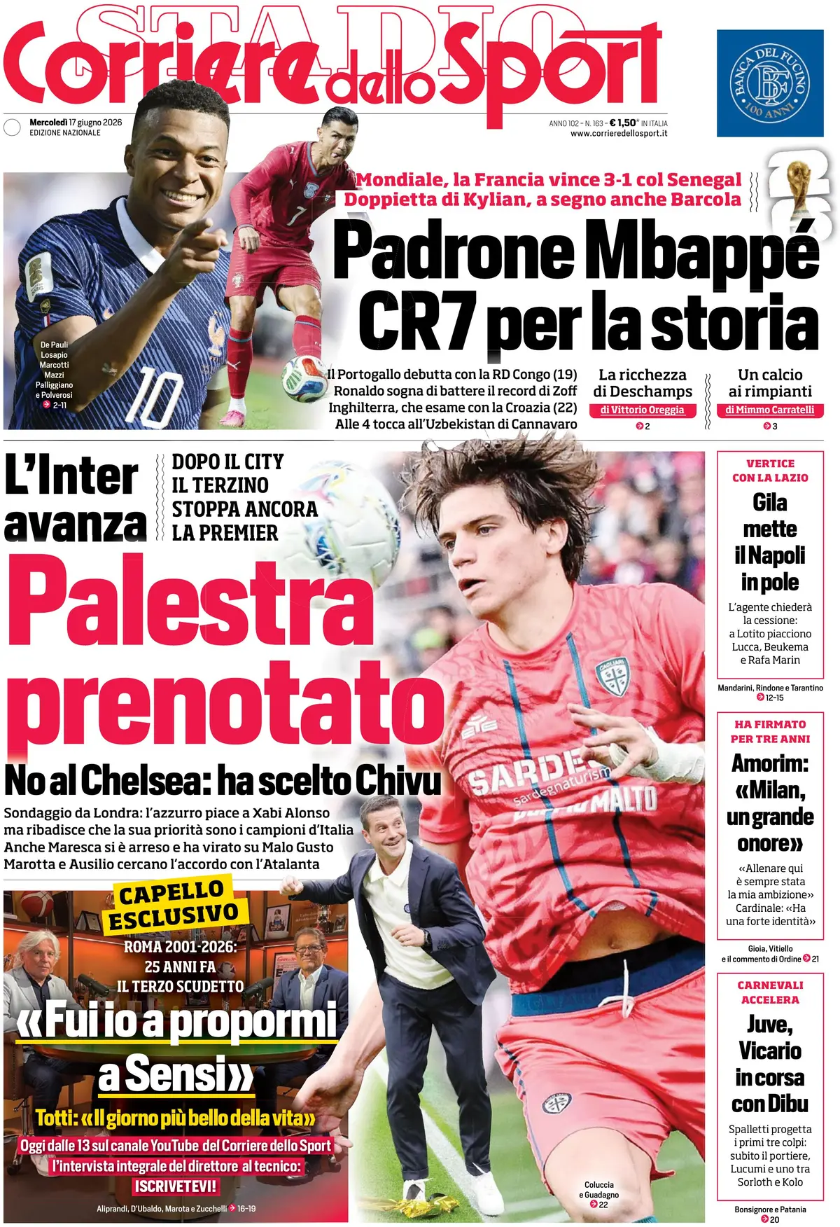 Prima Pagina Corriere dello Sport 17/06/2026