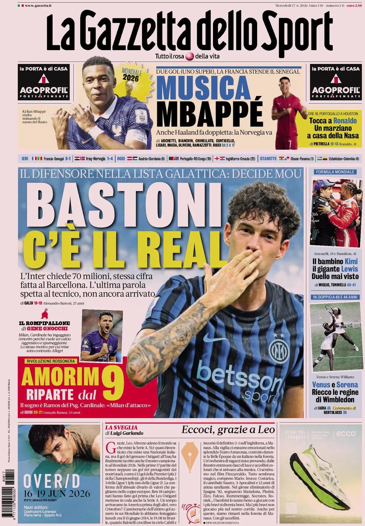 Prima Pagina La Gazzetta dello Sport 17/06/2026
