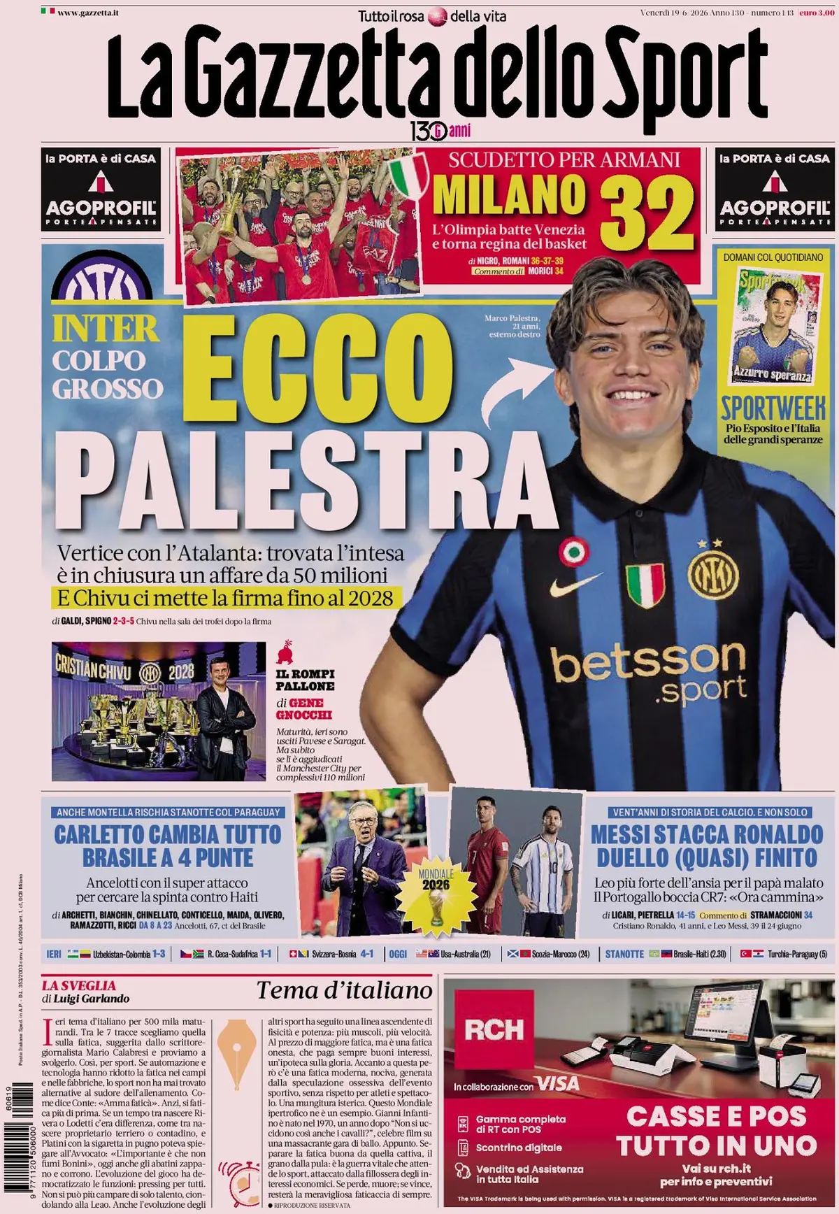 Prima Pagina La Gazzetta dello Sport 19/06/2026