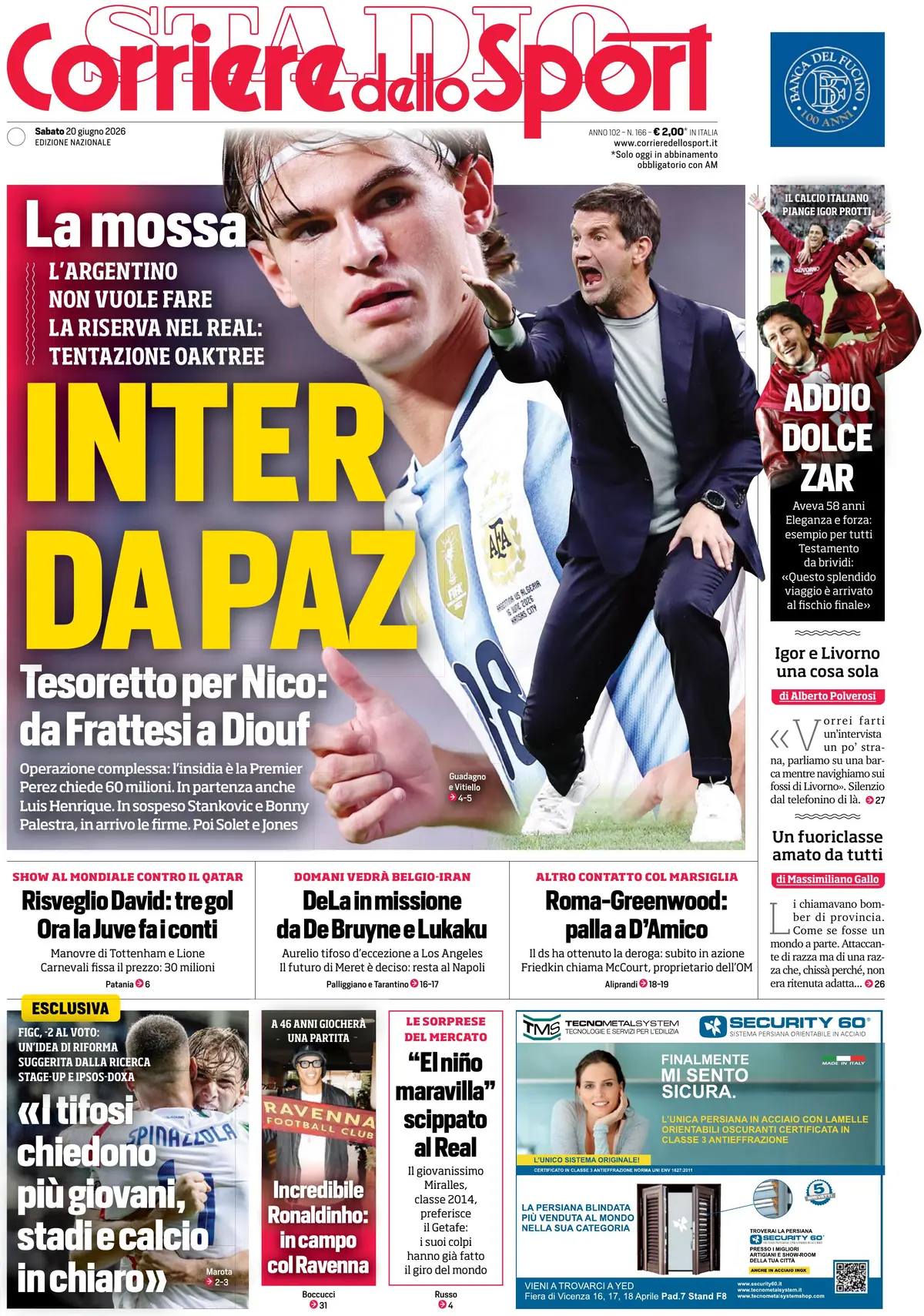 Prima Pagina Corriere dello Sport 20/06/2026