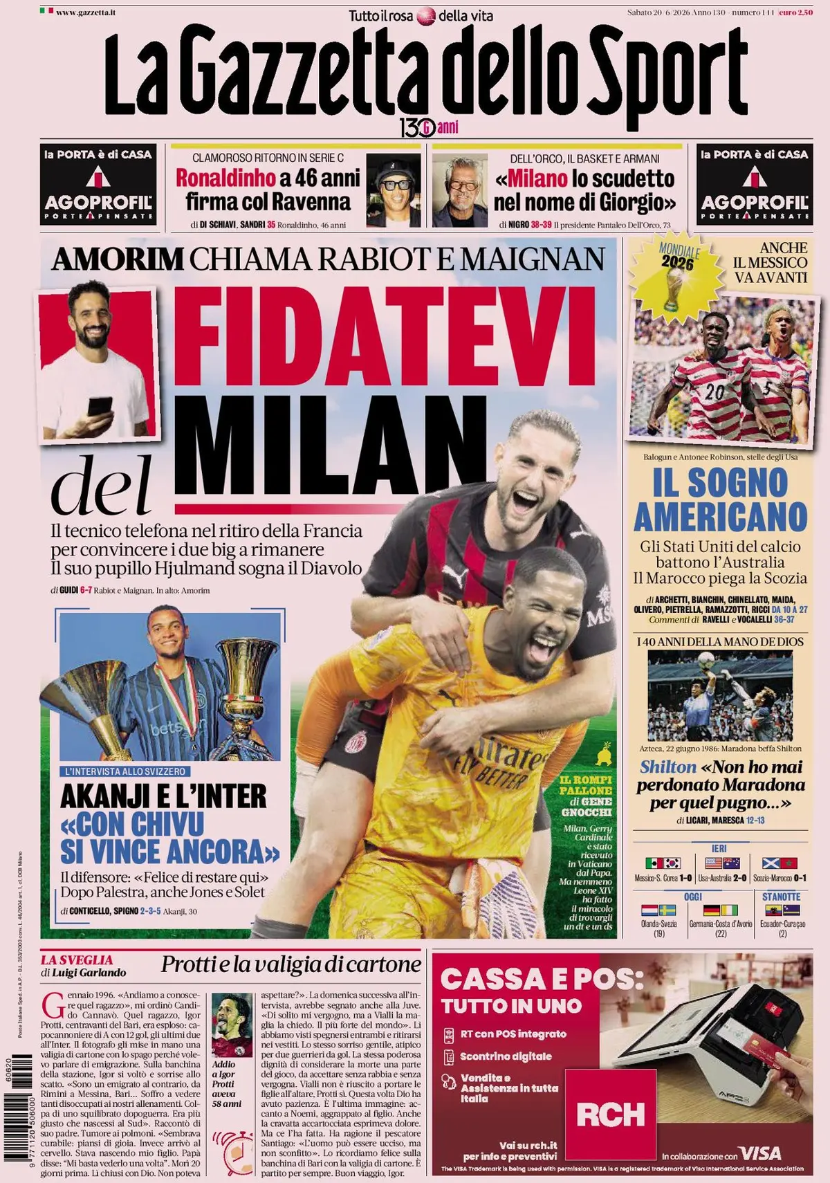 Prima Pagina La Gazzetta dello Sport 20/06/2026