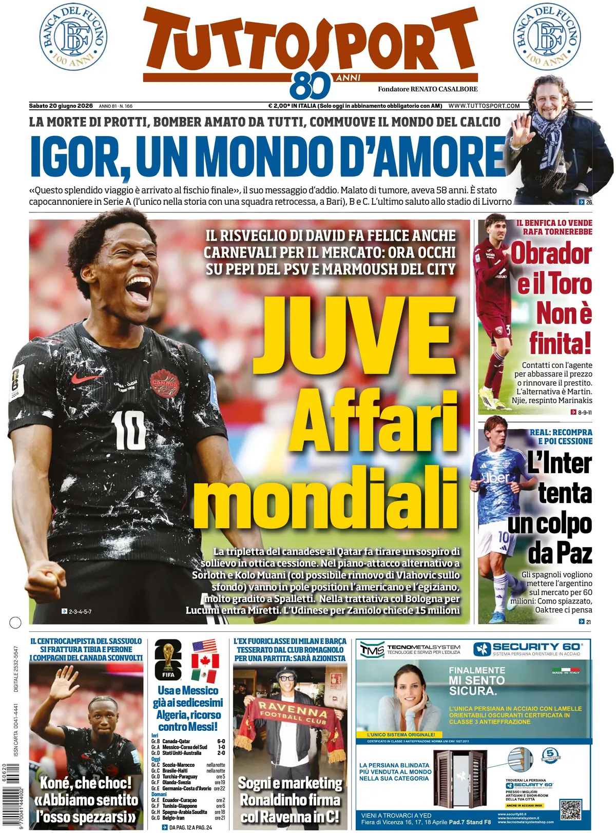 Prima Pagina Tuttosport 20/06/2026