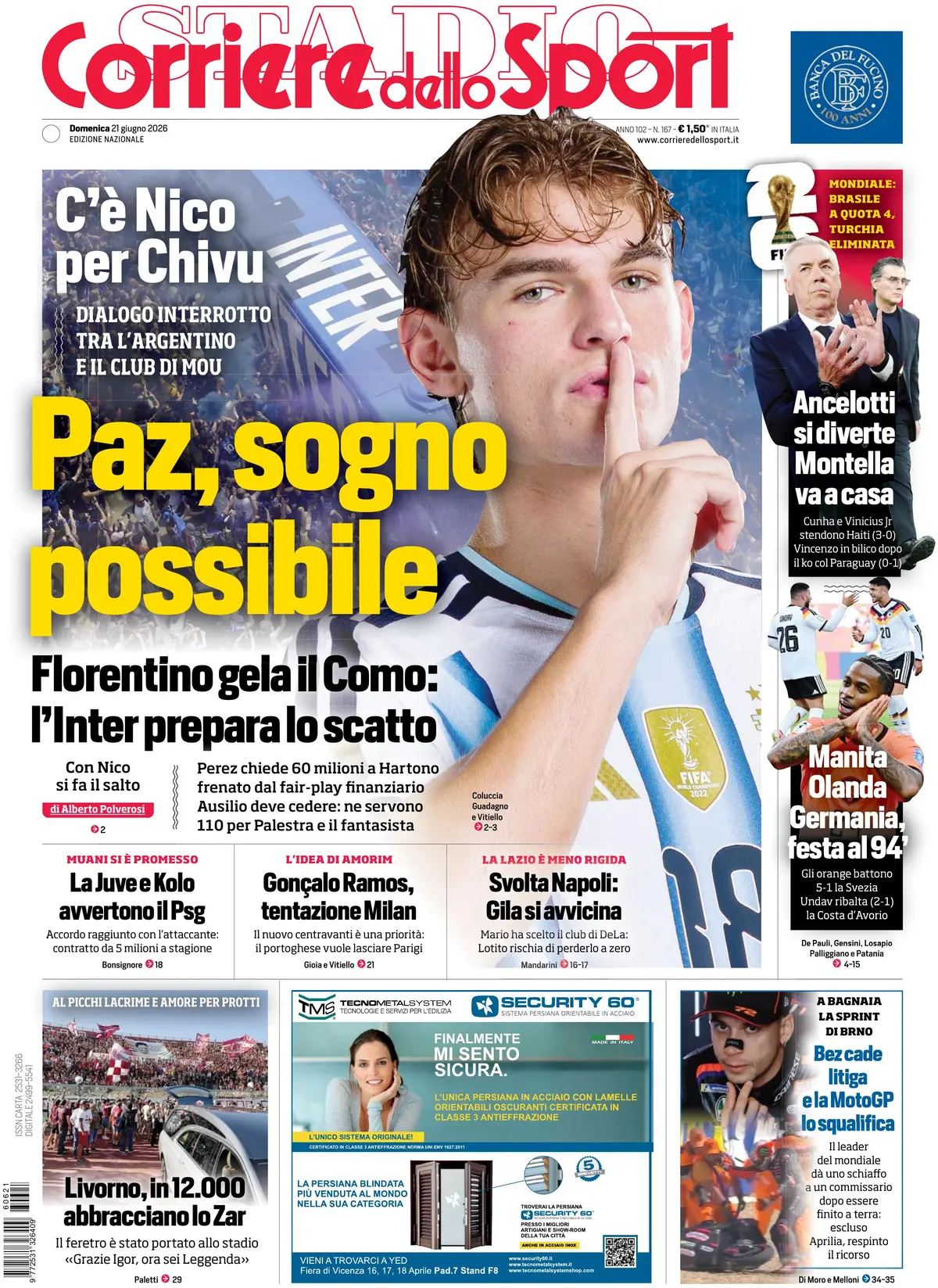 Prima Pagina Corriere dello Sport 21/06/2026