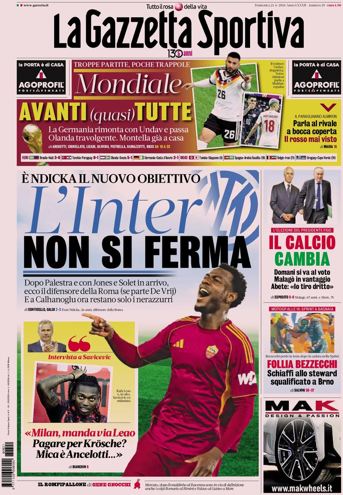 Prima Pagina La Gazzetta dello Sport 21/06/2026