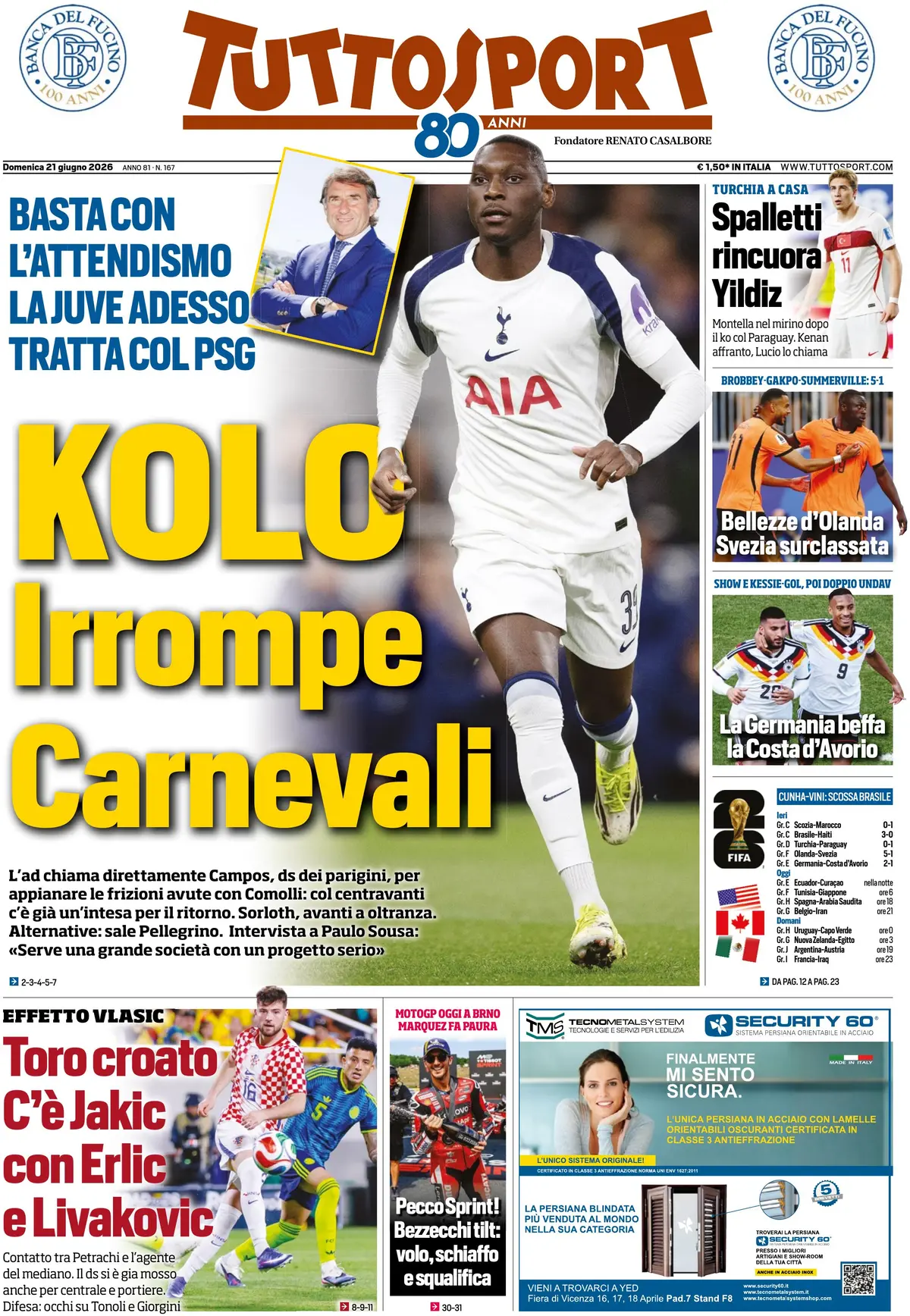 Prima Pagina Tuttosport 21/06/2026