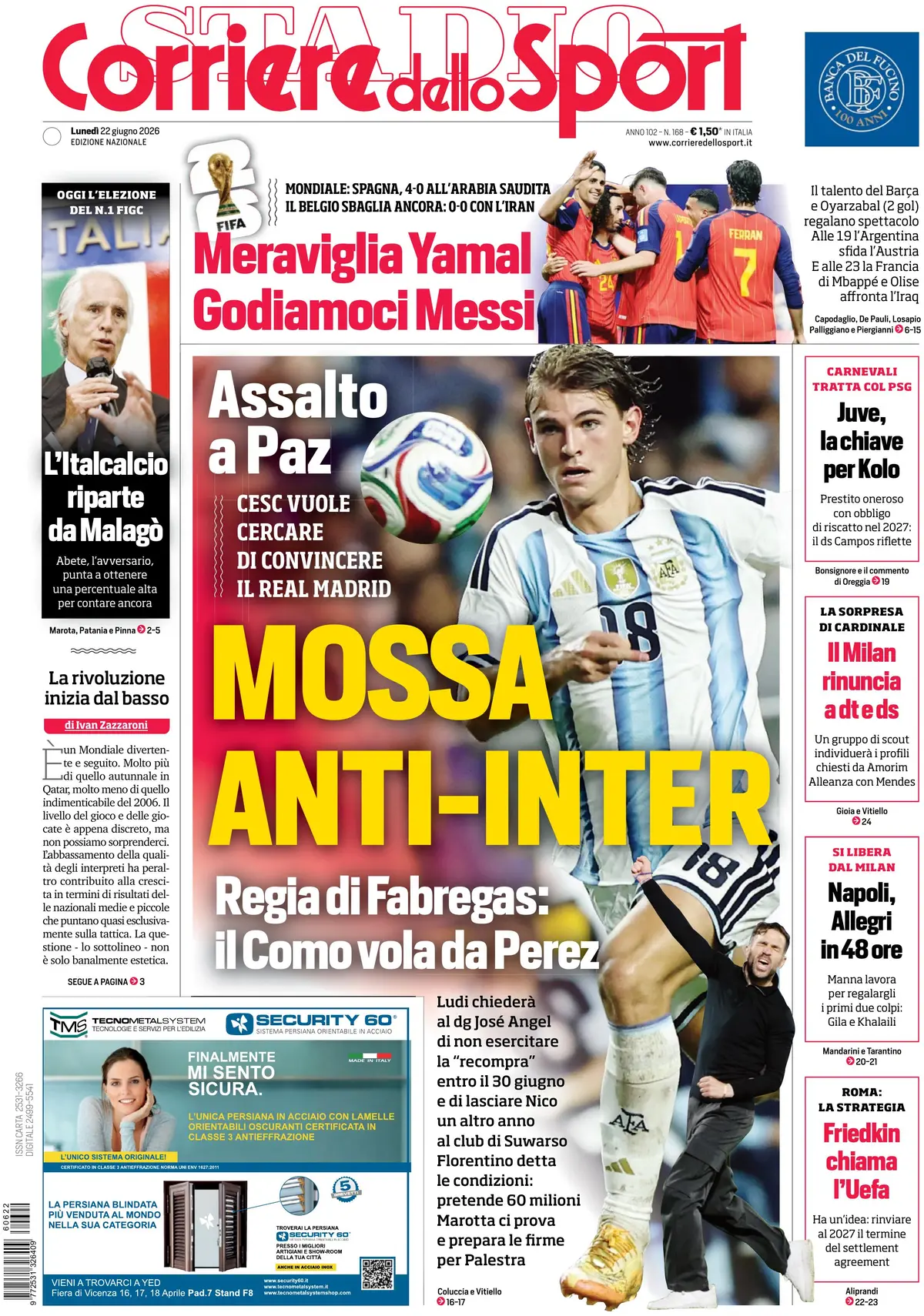 Prima Pagina Corriere dello Sport 22/06/2026