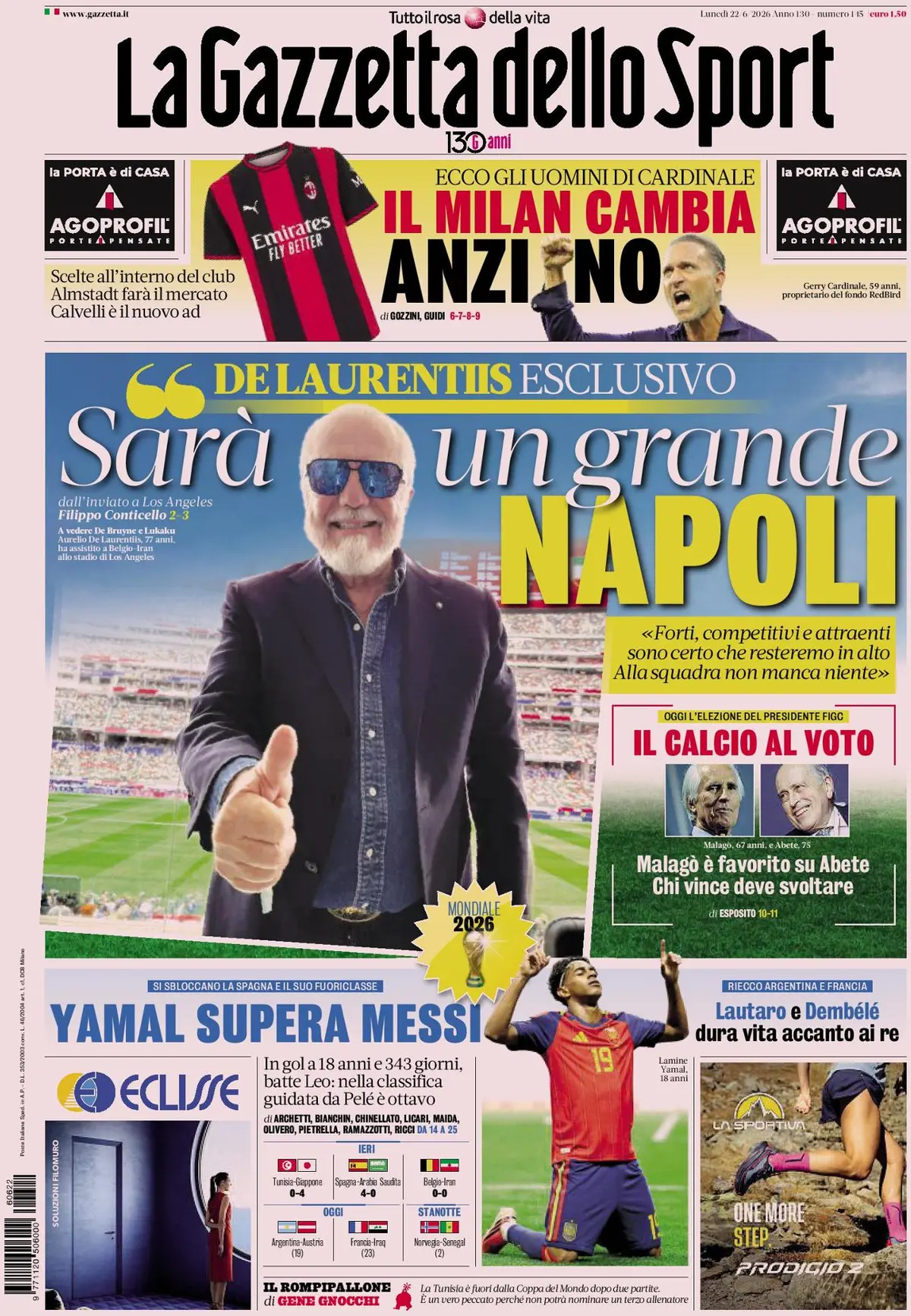 Prima Pagina La Gazzetta dello Sport 22/06/2026