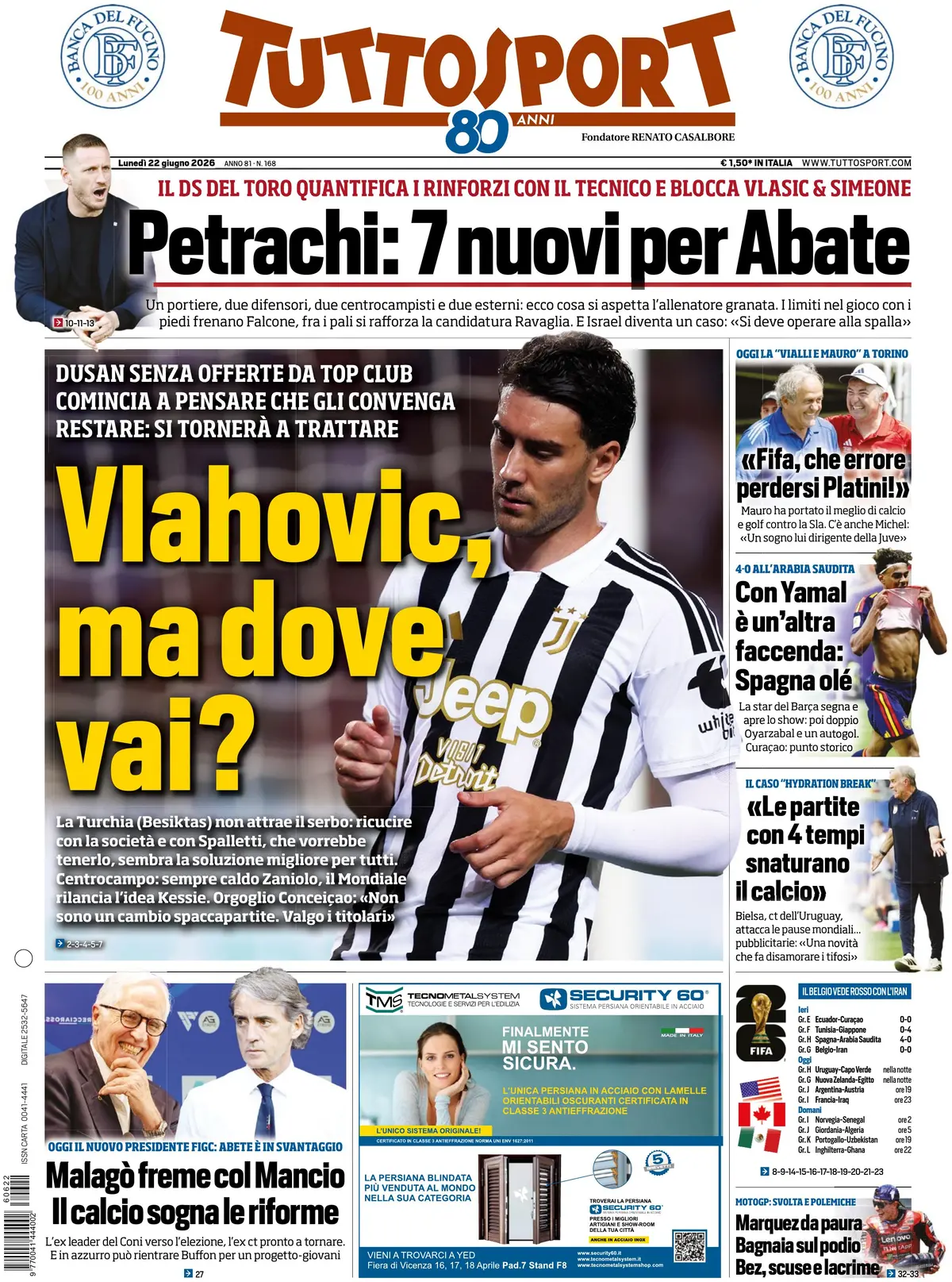Prima Pagina Tuttosport 22/06/2026