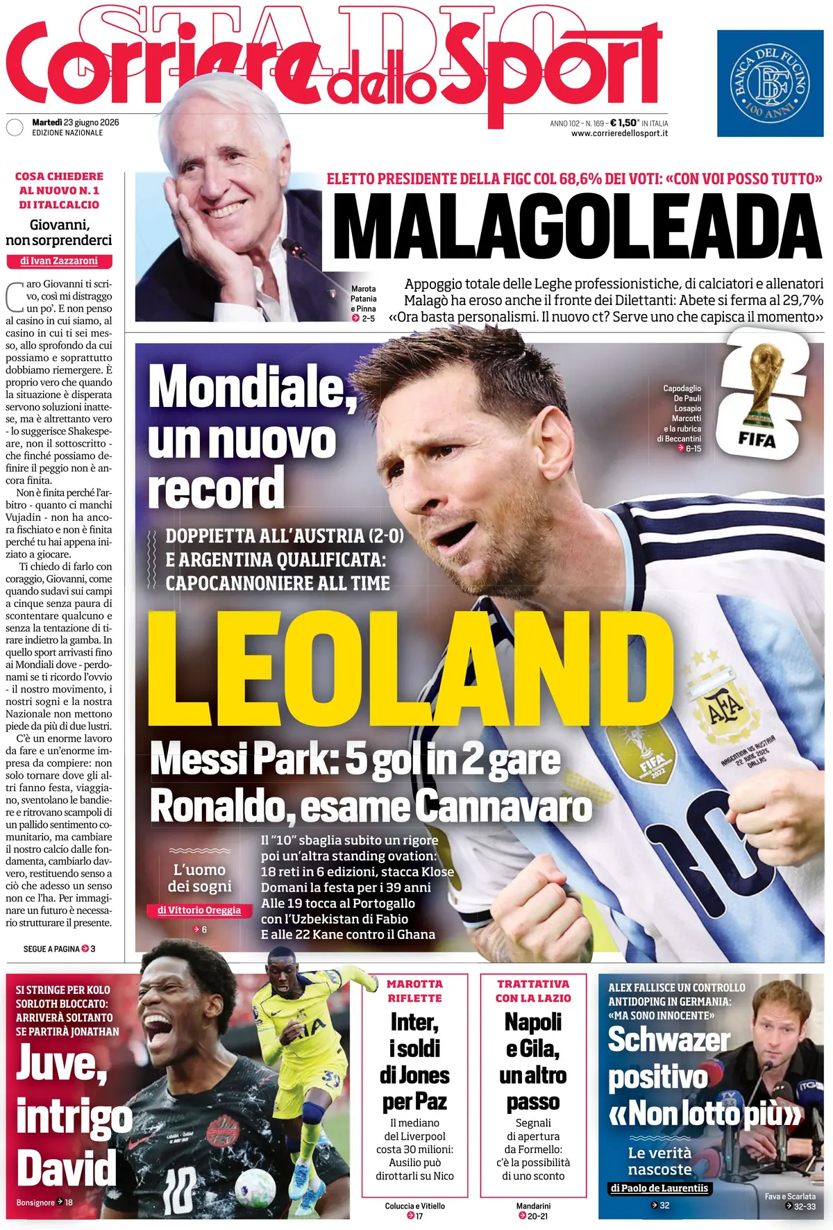 Prima Pagina Corriere dello Sport 23/06/2026