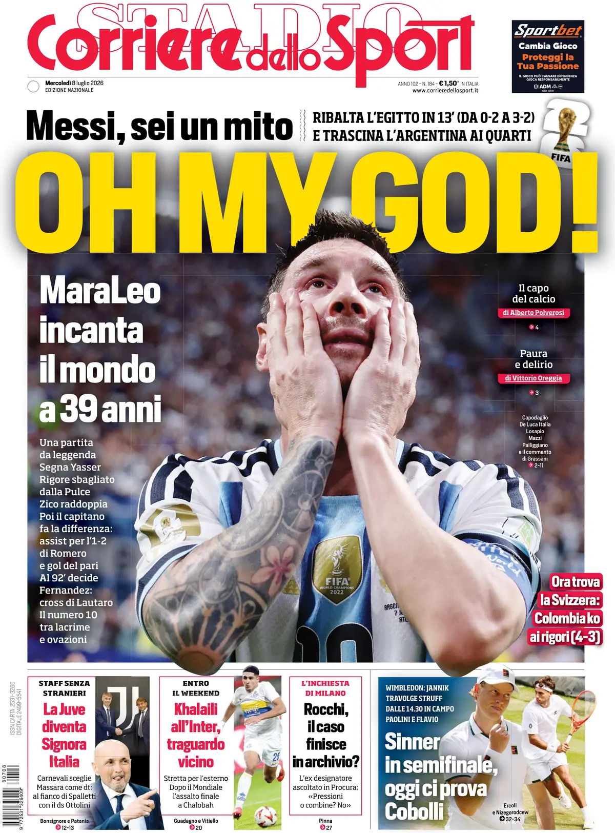 Prima Pagina Corriere dello Sport 08/07/2026