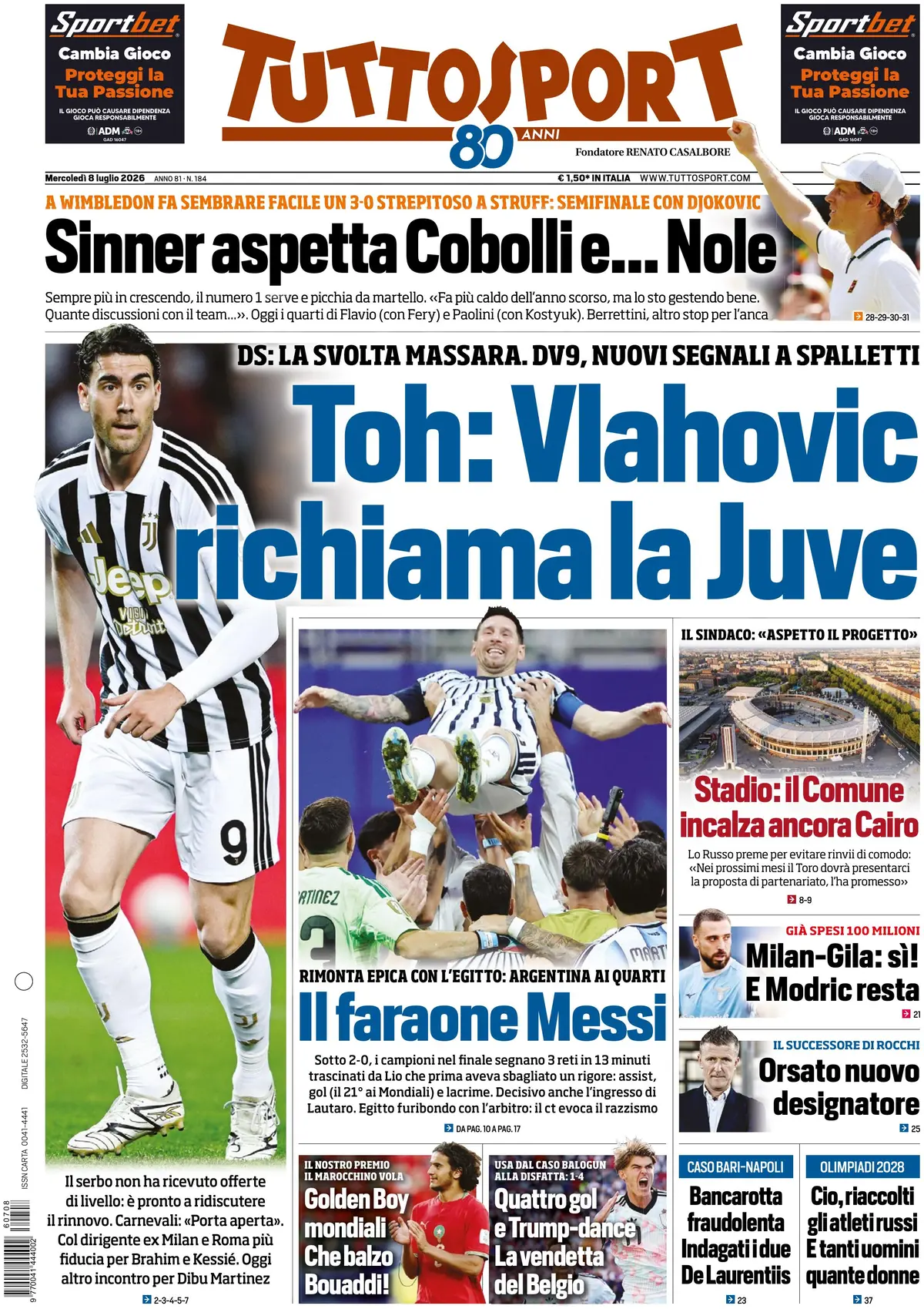 Prima Pagina Tuttosport 08/07/2026
