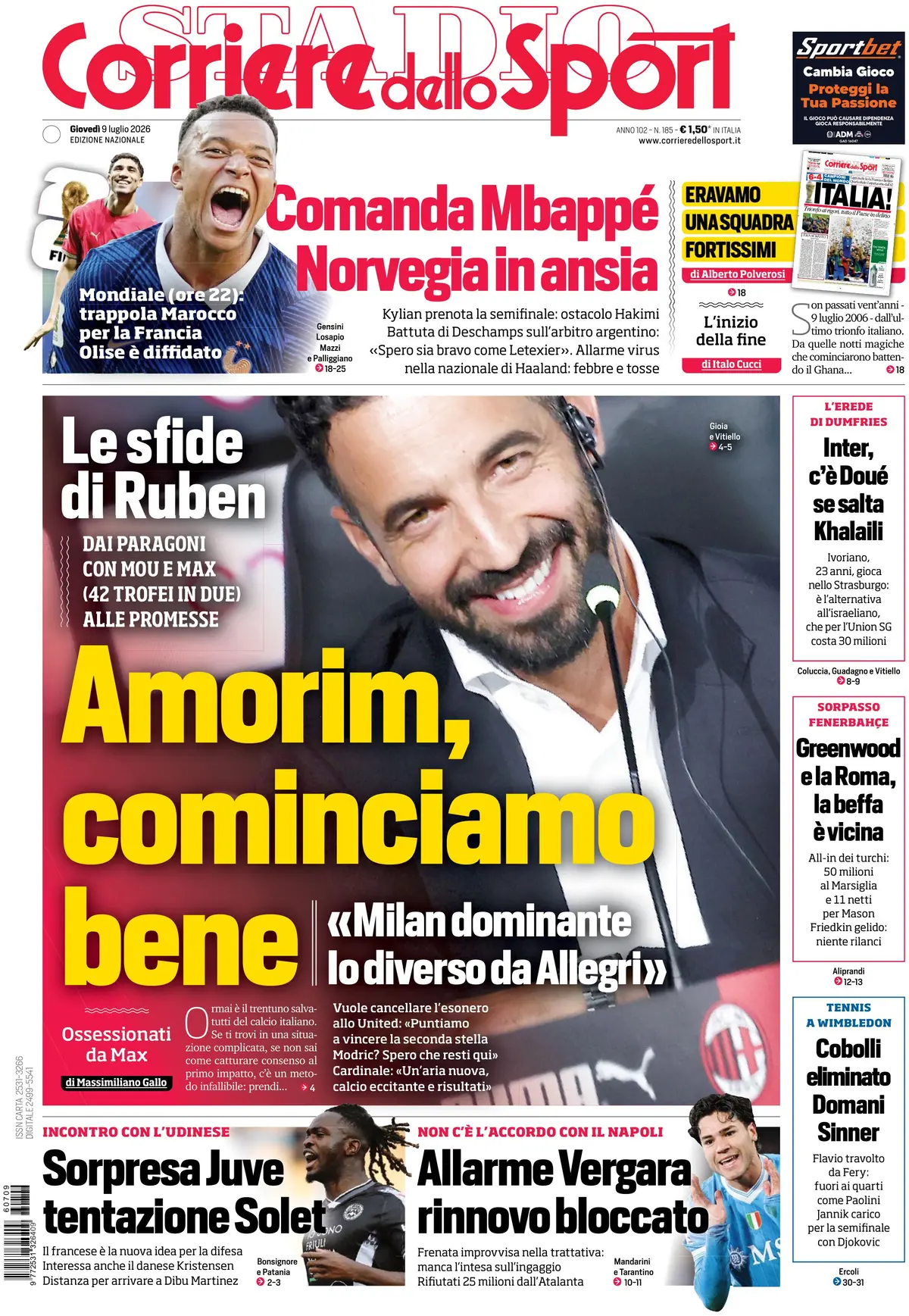 Prima Pagina Corriere dello Sport 09/07/2026