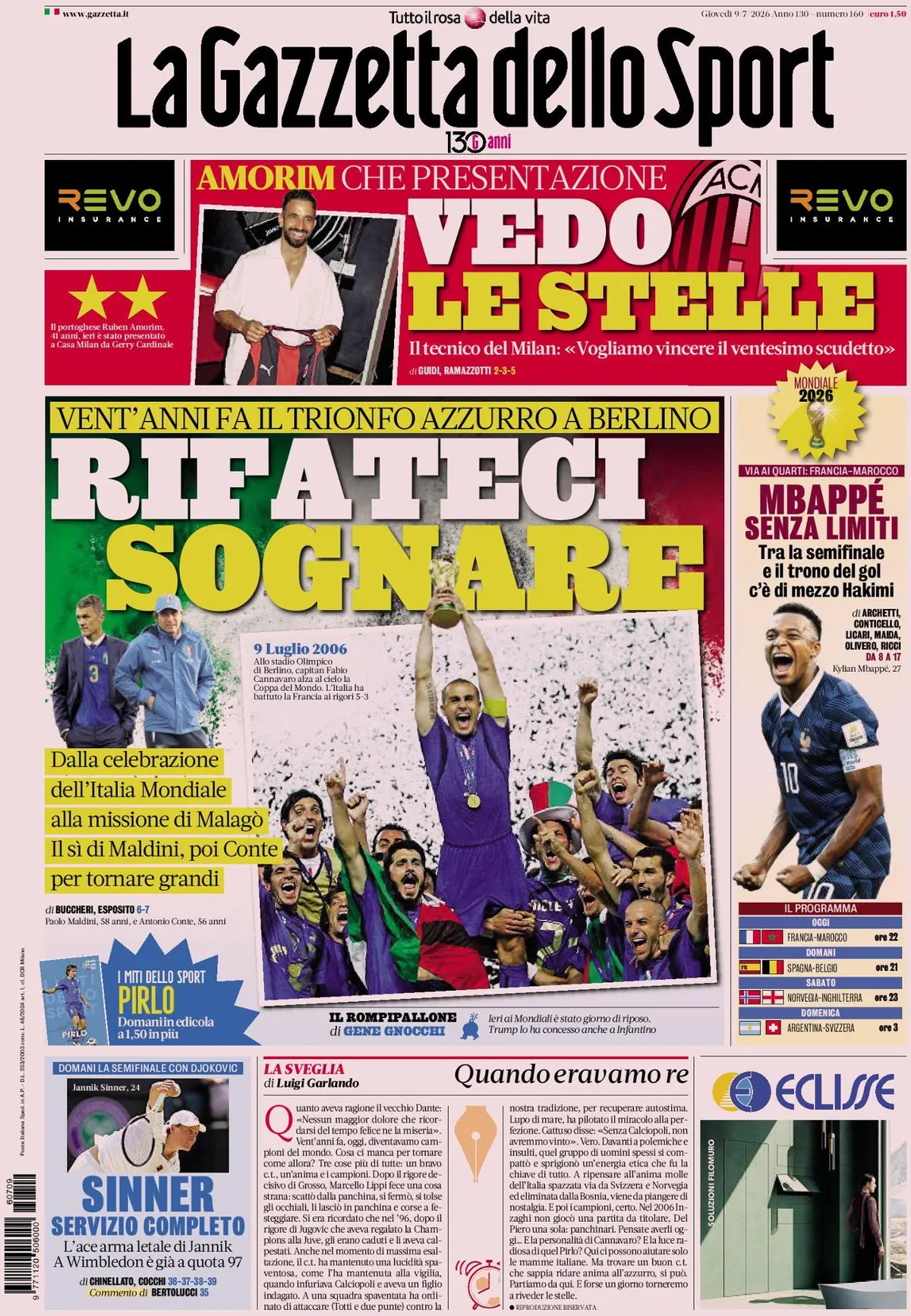 Prima Pagina La Gazzetta dello Sport 09/07/2026