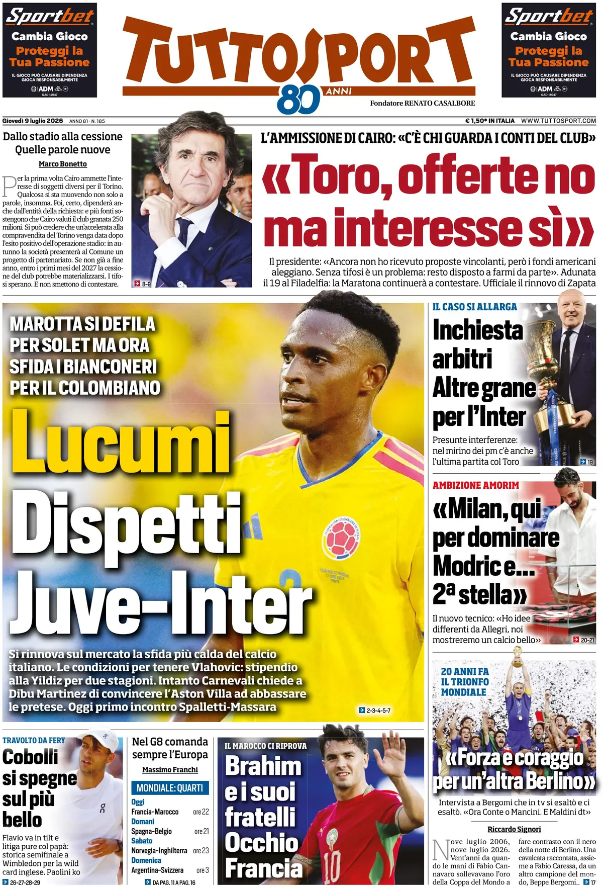 Prima Pagina Tuttosport 09/07/2026