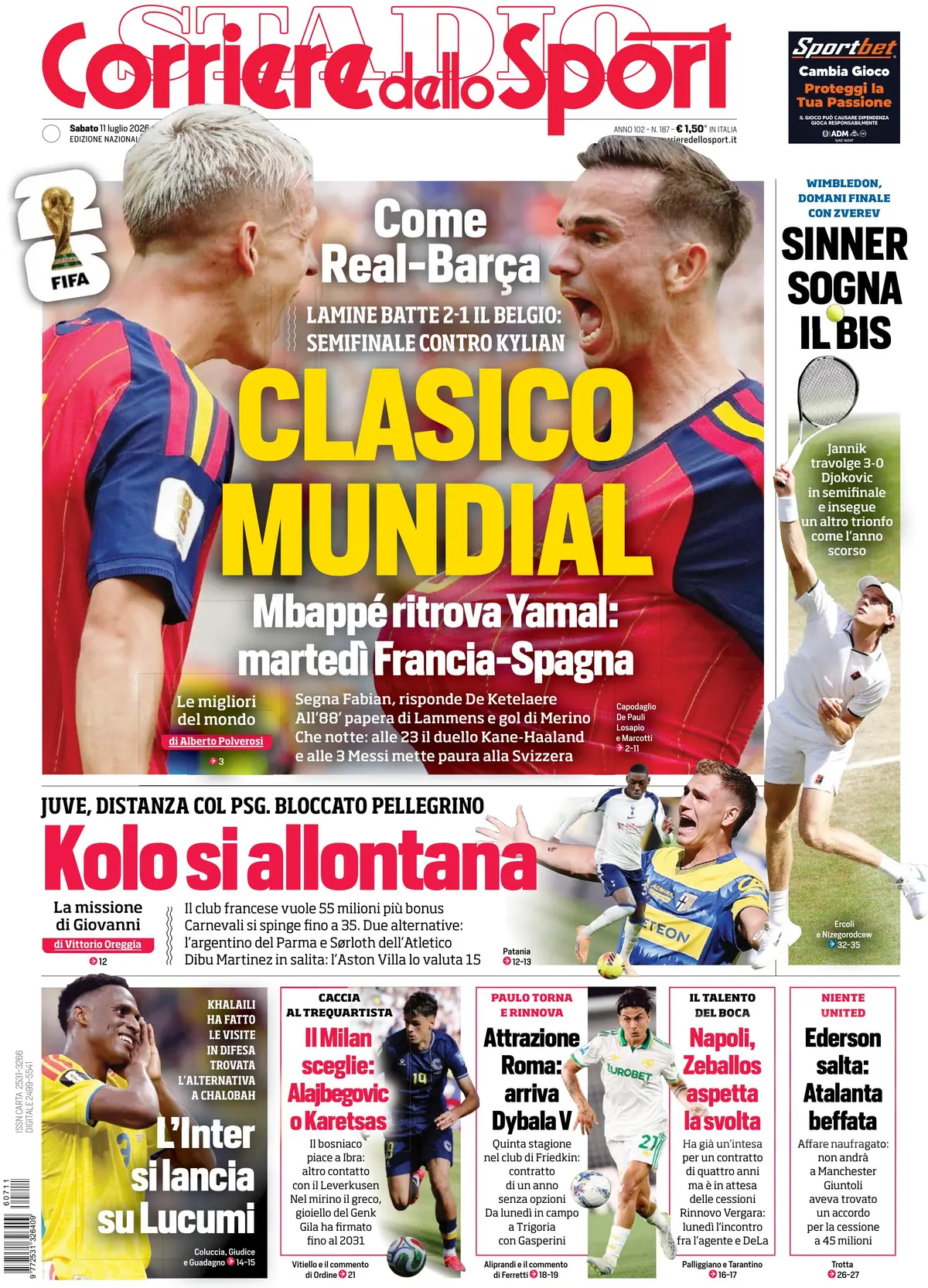 Prima Pagina Corriere dello Sport 11/07/2026