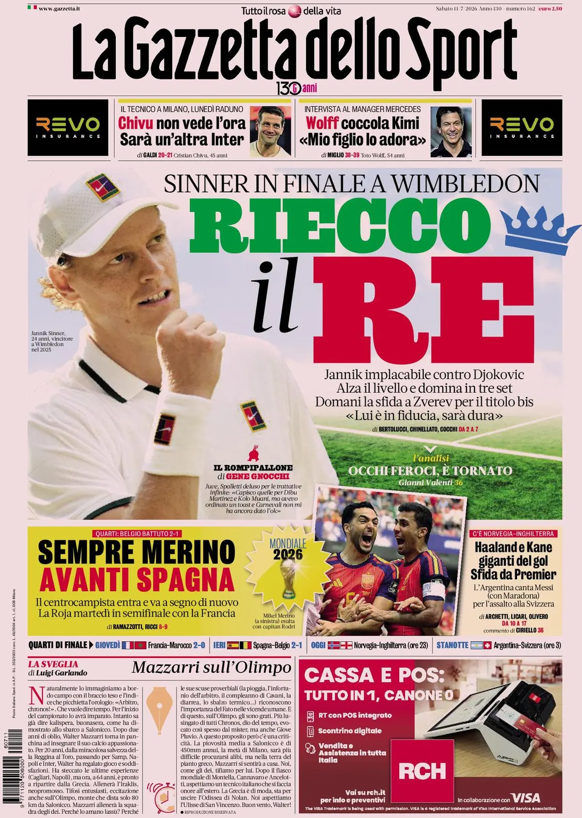 Prima Pagina La Gazzetta dello Sport 11/07/2026