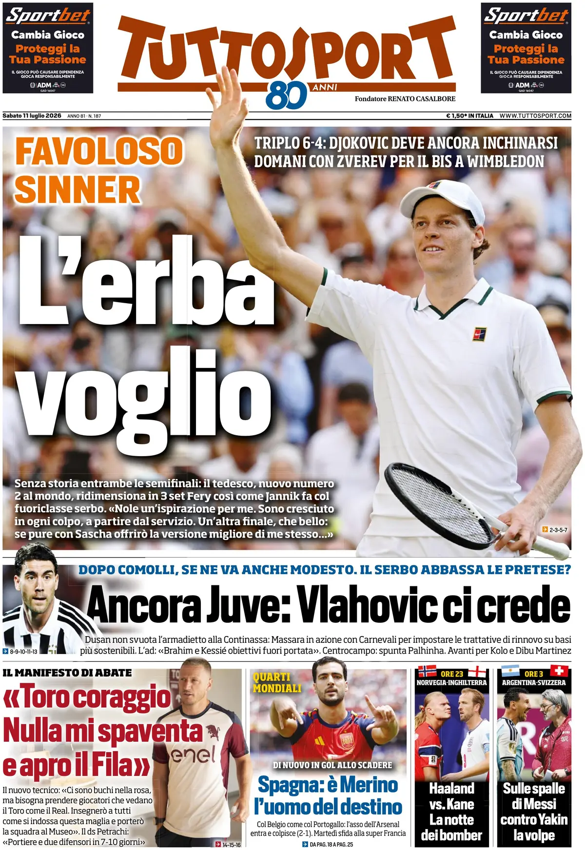 Prima Pagina Tuttosport 11/07/2026