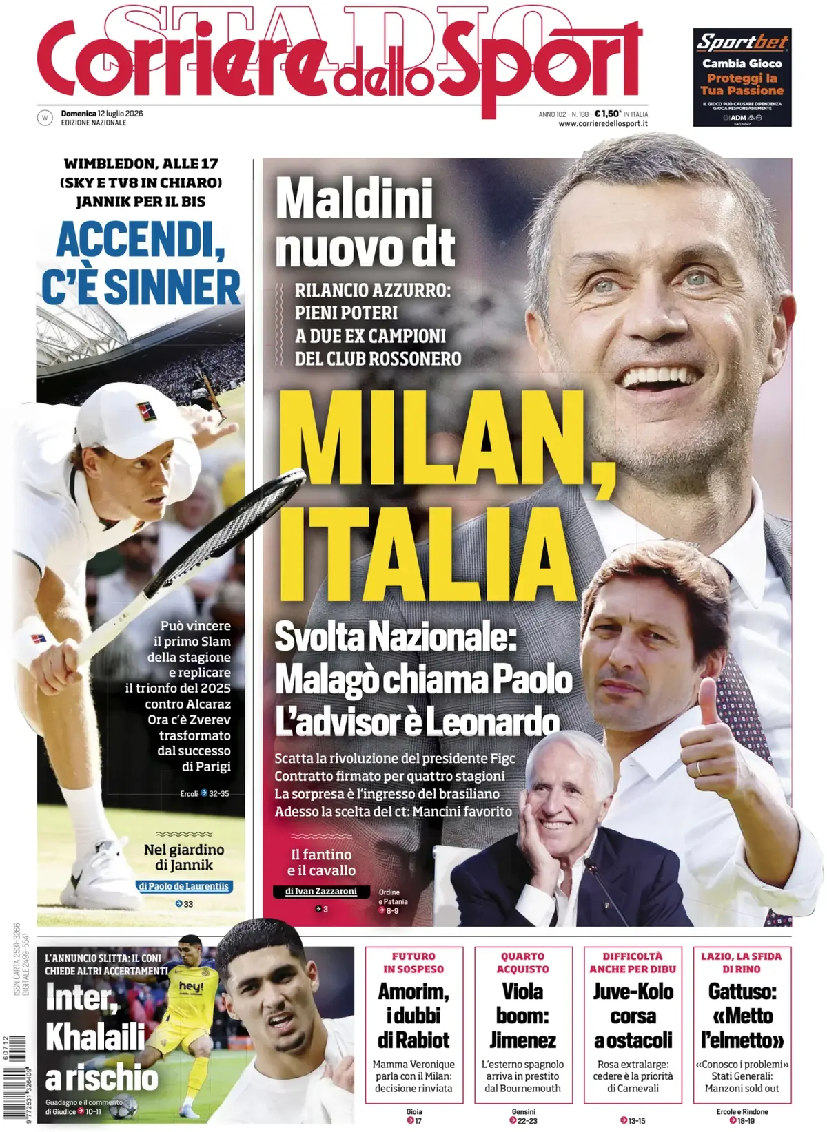 Prima Pagina Corriere dello Sport 12/07/2026