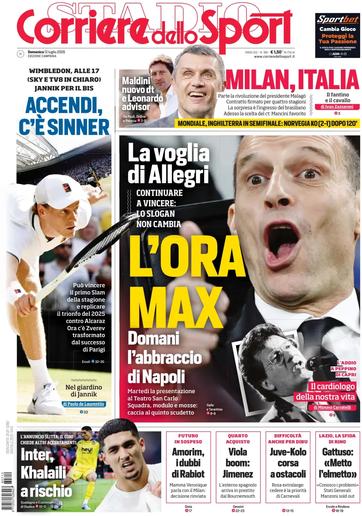 Prima Pagina Corriere dello Sport | Campania 12/07/2026