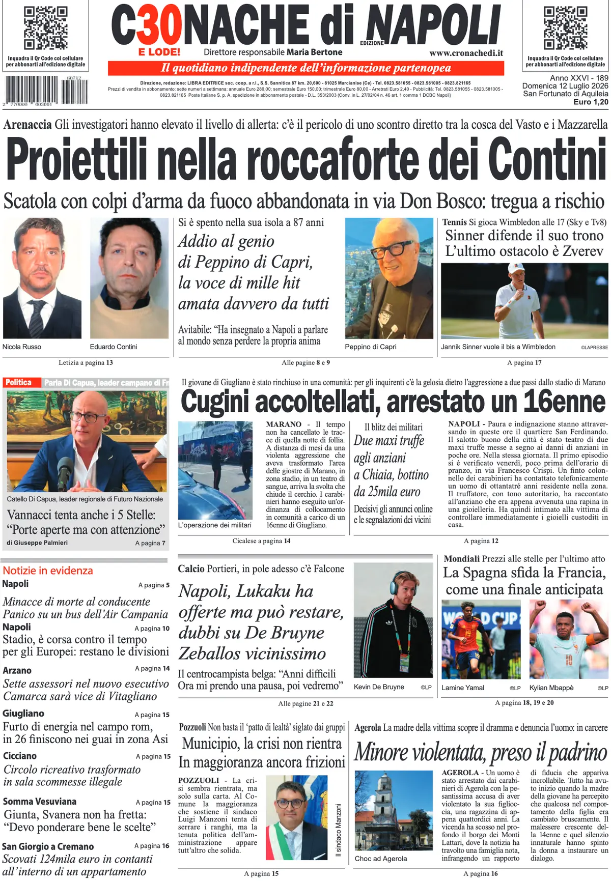 Prima Pagina Cronache di Napoli 12/07/2026