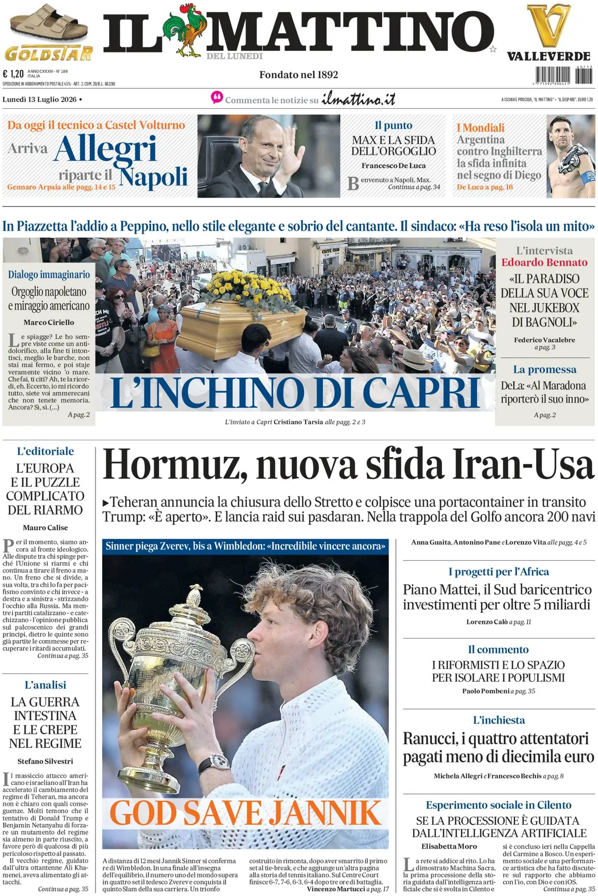 Prima Pagina Il Mattino 13/07/2026