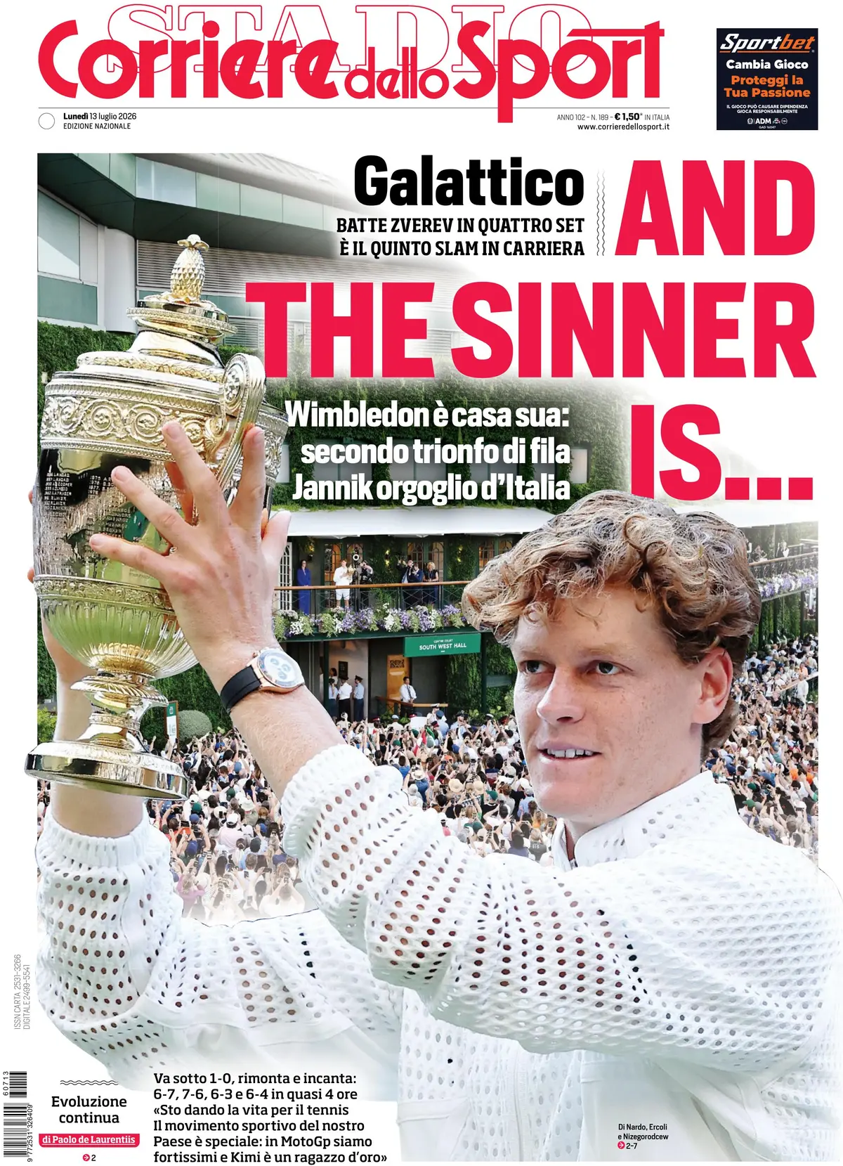 Prima Pagina Corriere dello Sport 13/07/2026