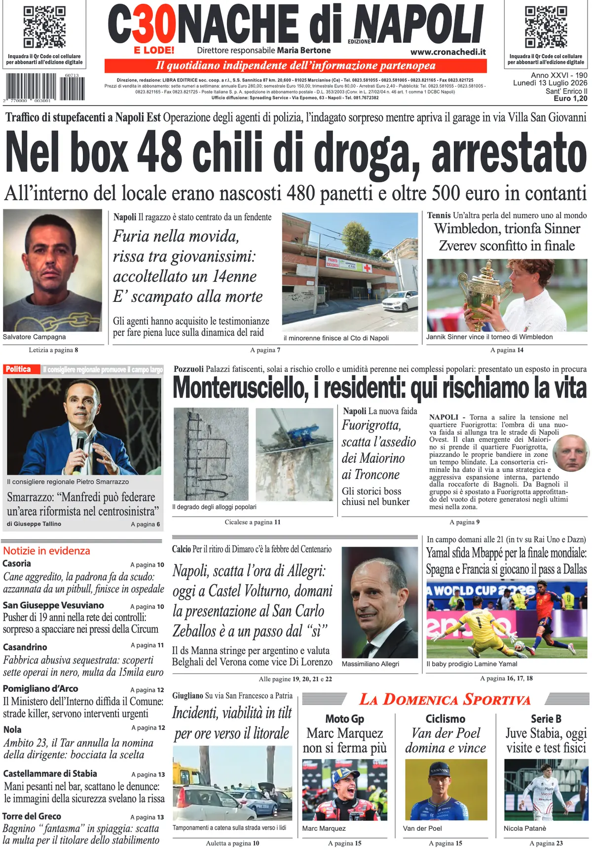 Prima Pagina Cronache di Napoli 13/07/2026