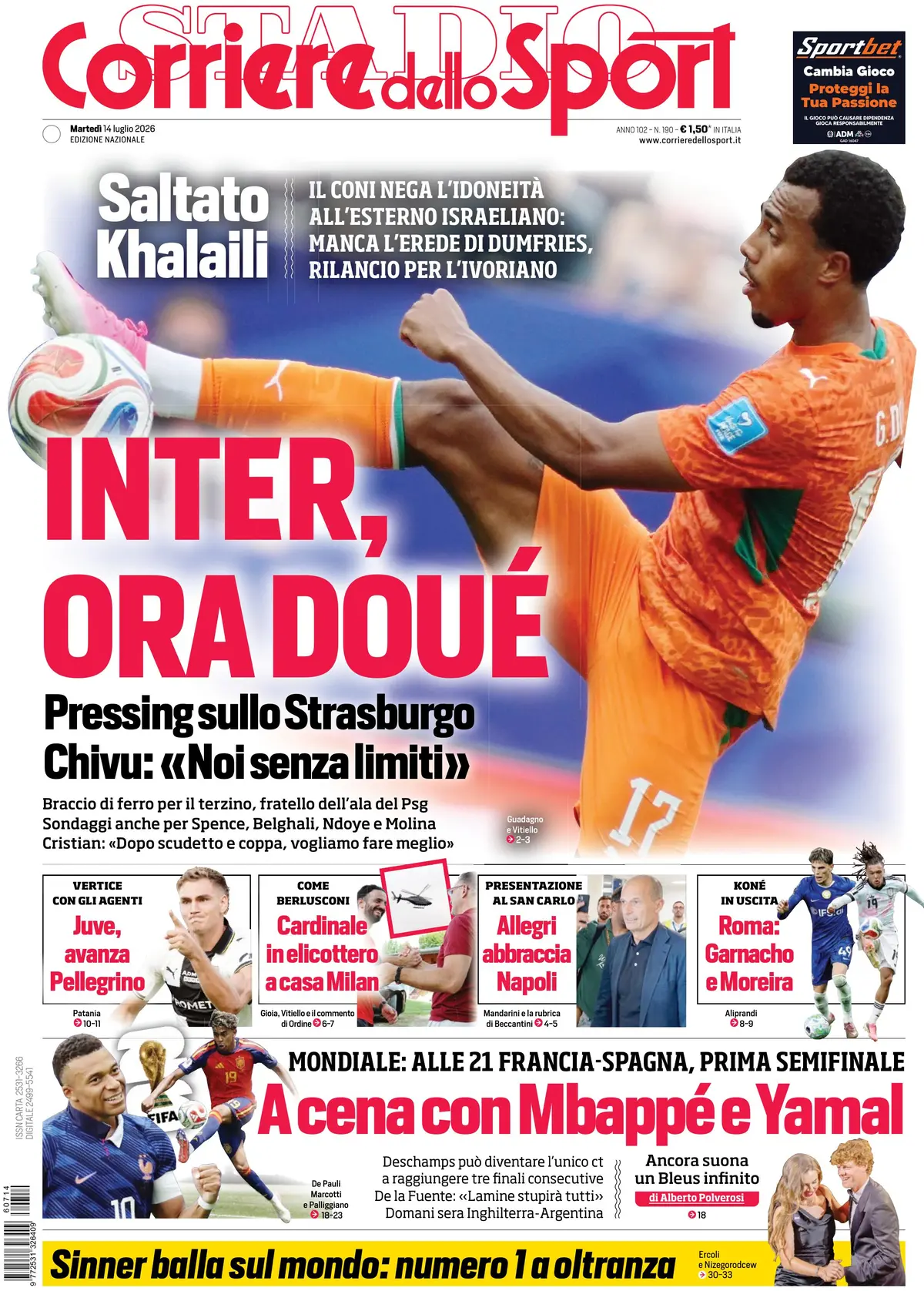 Prima Pagina Corriere dello Sport 14/07/2026