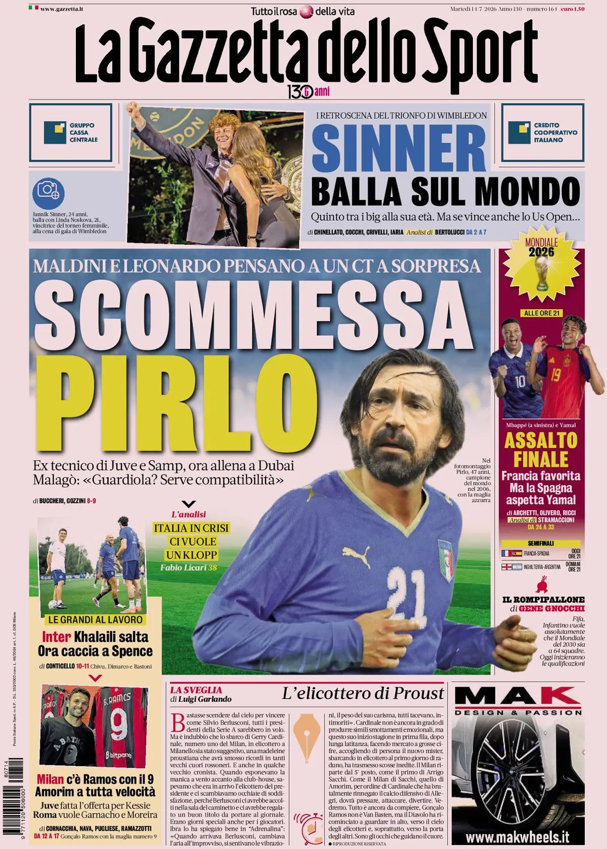 Prima Pagina La Gazzetta dello Sport 14/07/2026