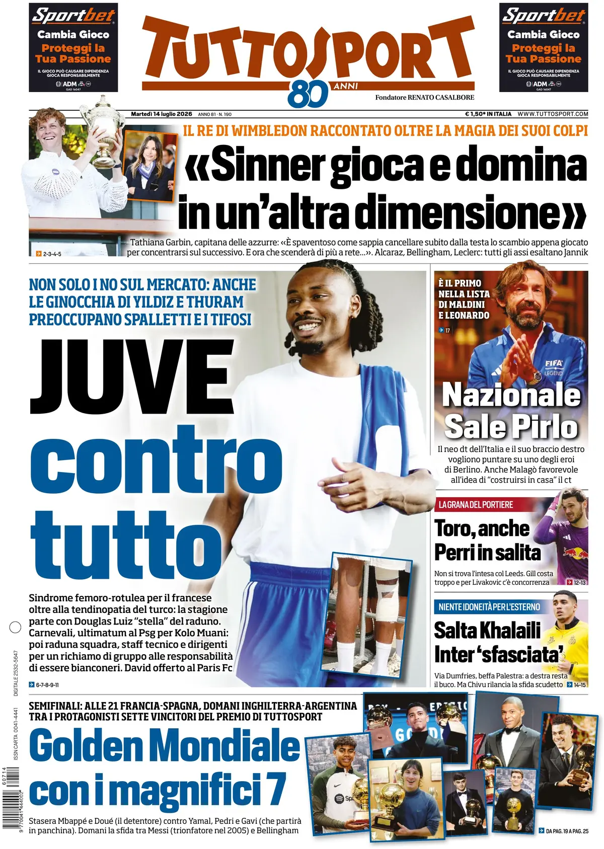 Prima Pagina Tuttosport 14/07/2026
