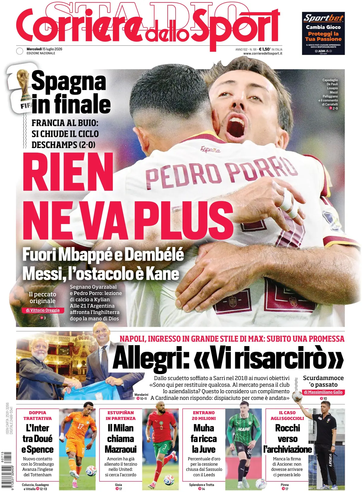 Prima Pagina Corriere dello Sport 15/07/2026