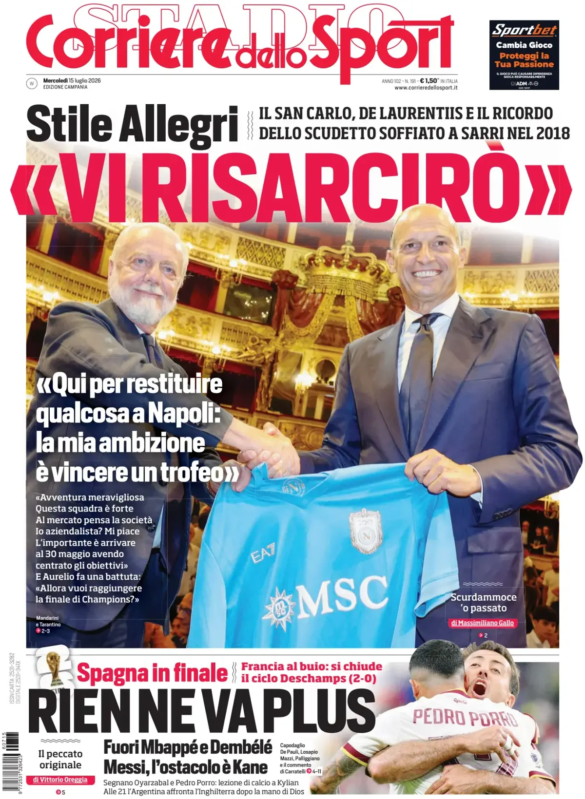 Prima Pagina Corriere dello Sport | Campania 15/07/2026