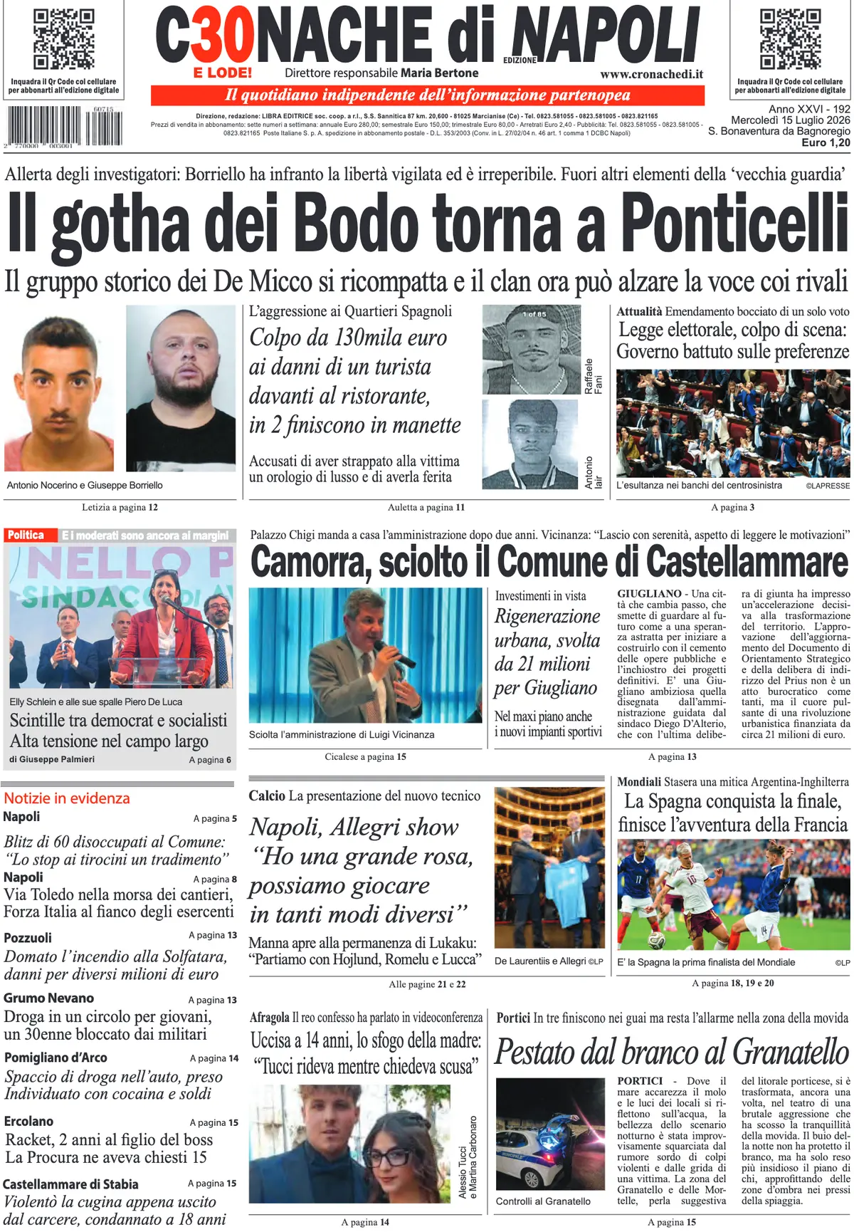 Prima Pagina Cronache di Napoli 15/07/2026