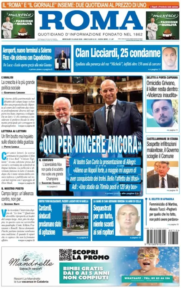 Prima Pagina Il Roma | Quotidiano di Napoli 15/07/2026