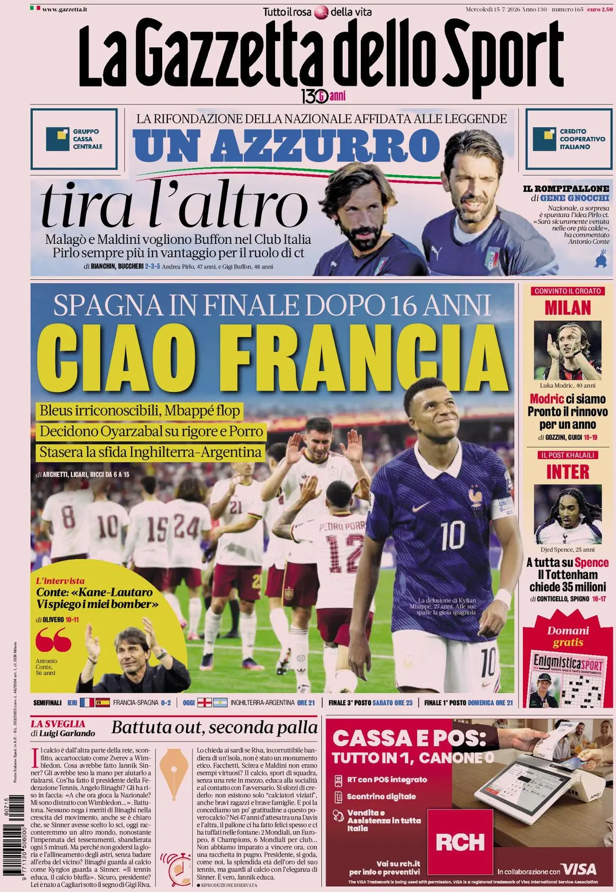 Prima Pagina La Gazzetta dello Sport 15/07/2026