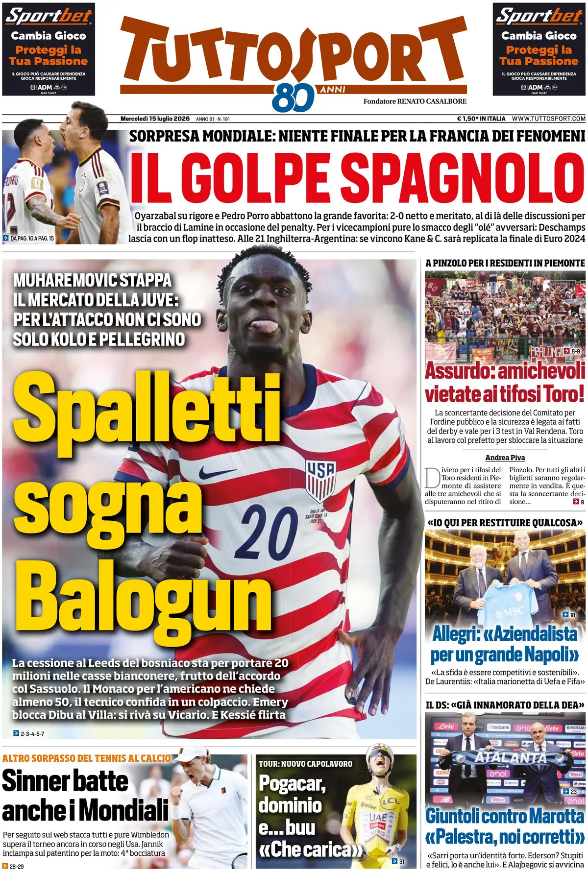 Prima Pagina Tuttosport 15/07/2026