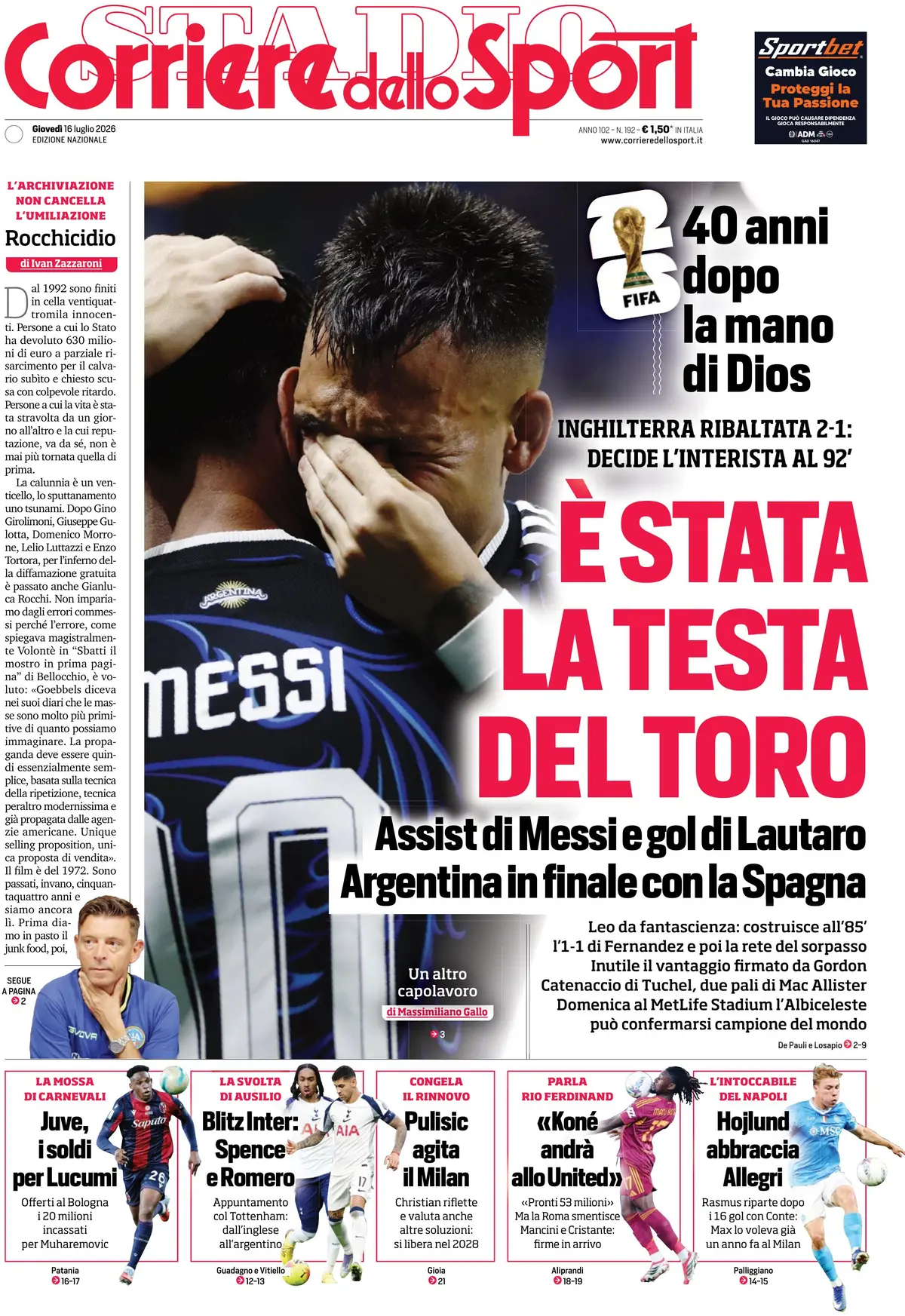 Prima Pagina Corriere dello Sport 16/07/2026