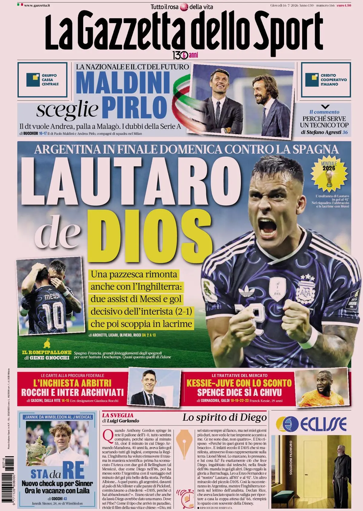 Prima Pagina La Gazzetta dello Sport 16/07/2026