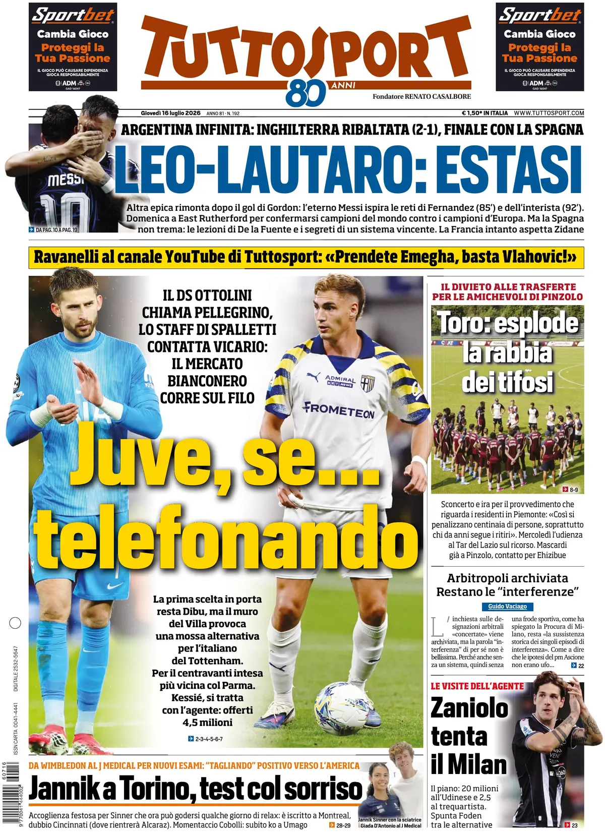 Prima Pagina Tuttosport 16/07/2026