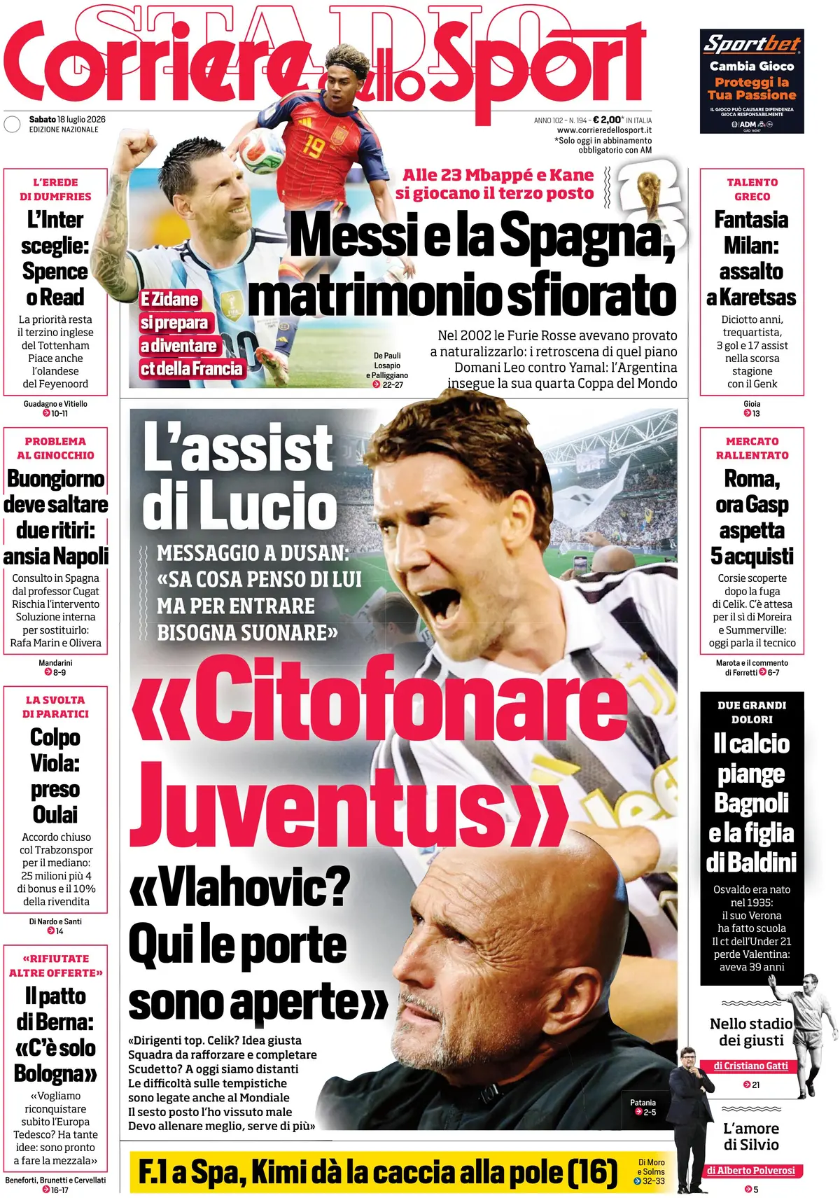 Prima Pagina Corriere dello Sport 18/07/2026