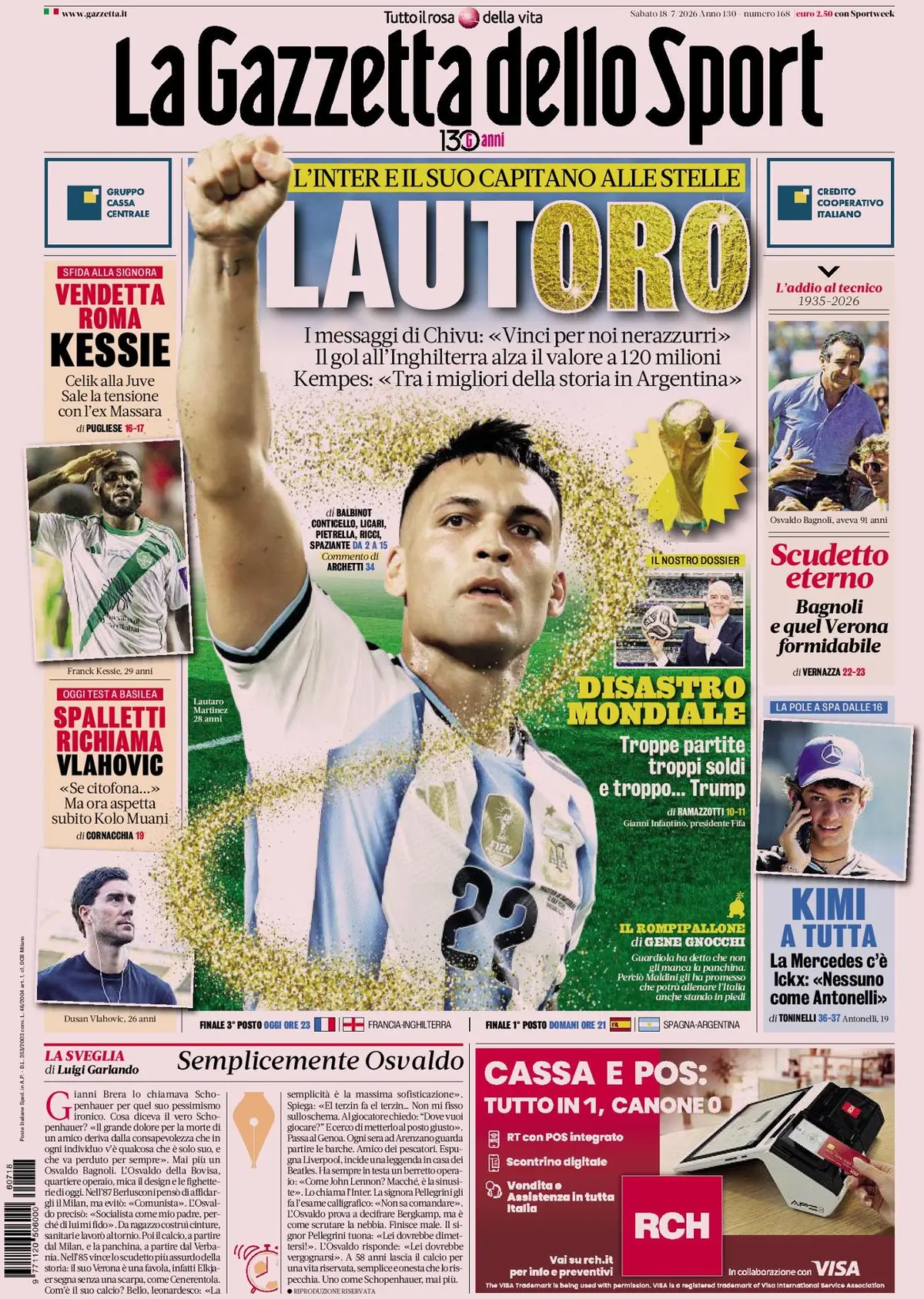 Prima Pagina La Gazzetta dello Sport 18/07/2026